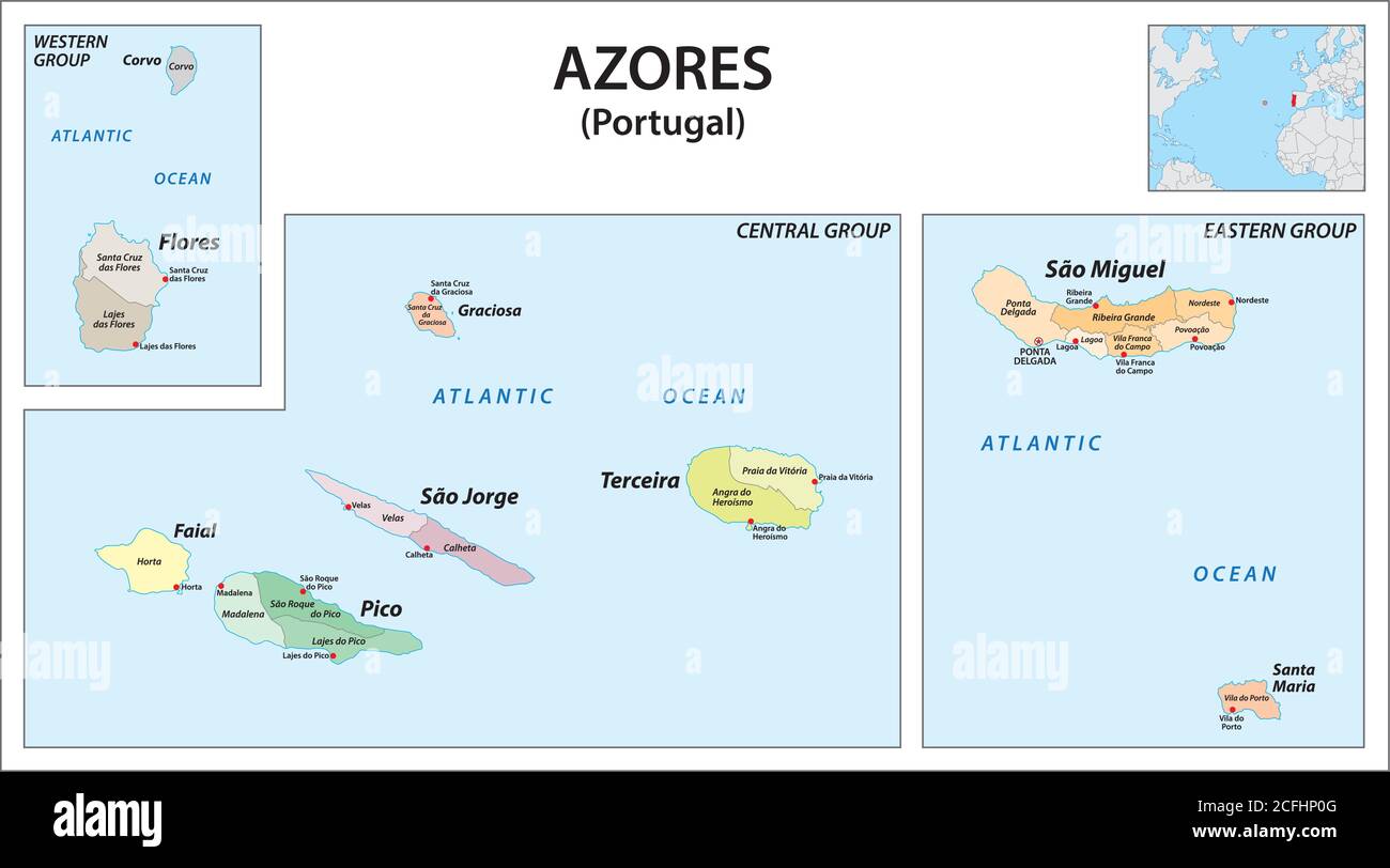 Administrative Vektorkarte des portugiesischen Archipels Azoren im Atlantischen Ozean, Portugal Stock Vektor