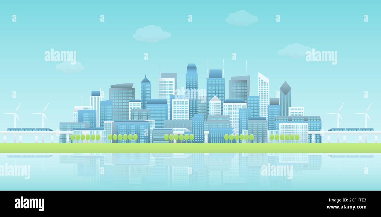 Panoramablick auf Gebäude Gruppe in der Hafenstadt Smart City mit Sky-Züge, Windkraftanlagen, Bäume in klaren blauen Himmel Stock Vektor
