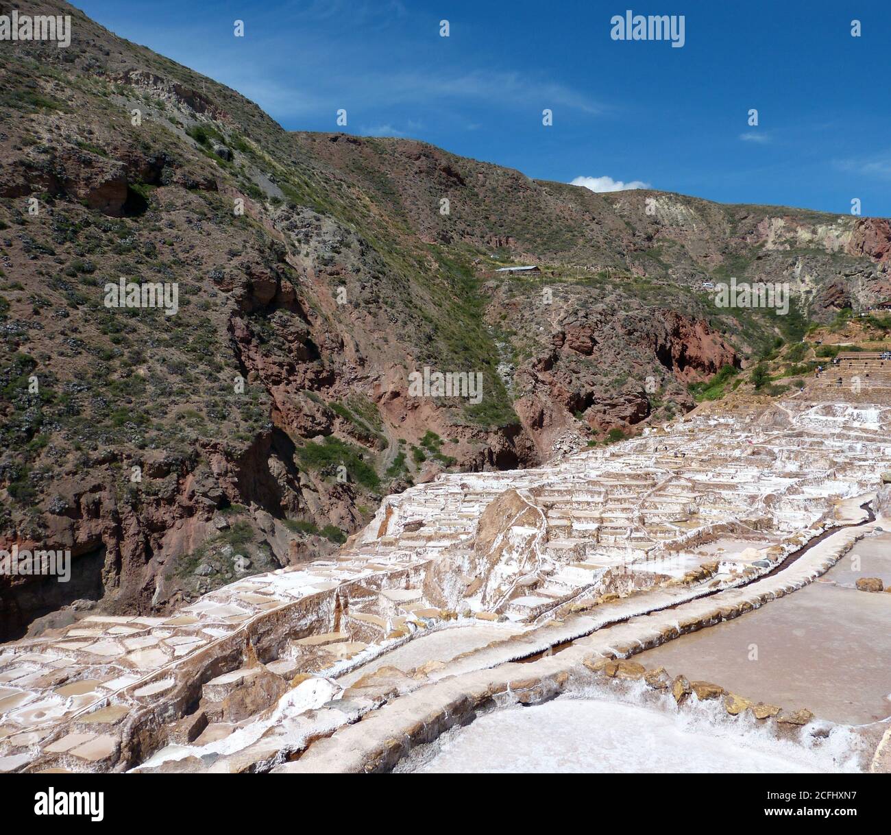 Salineras de Maras, Peru. Alte Salzbergwerke in den Anden. Salinas von Maras befinden sich im Heiligen Tal der Inkas. Salzpfannen am Qaqawinay Berg. Stockfoto