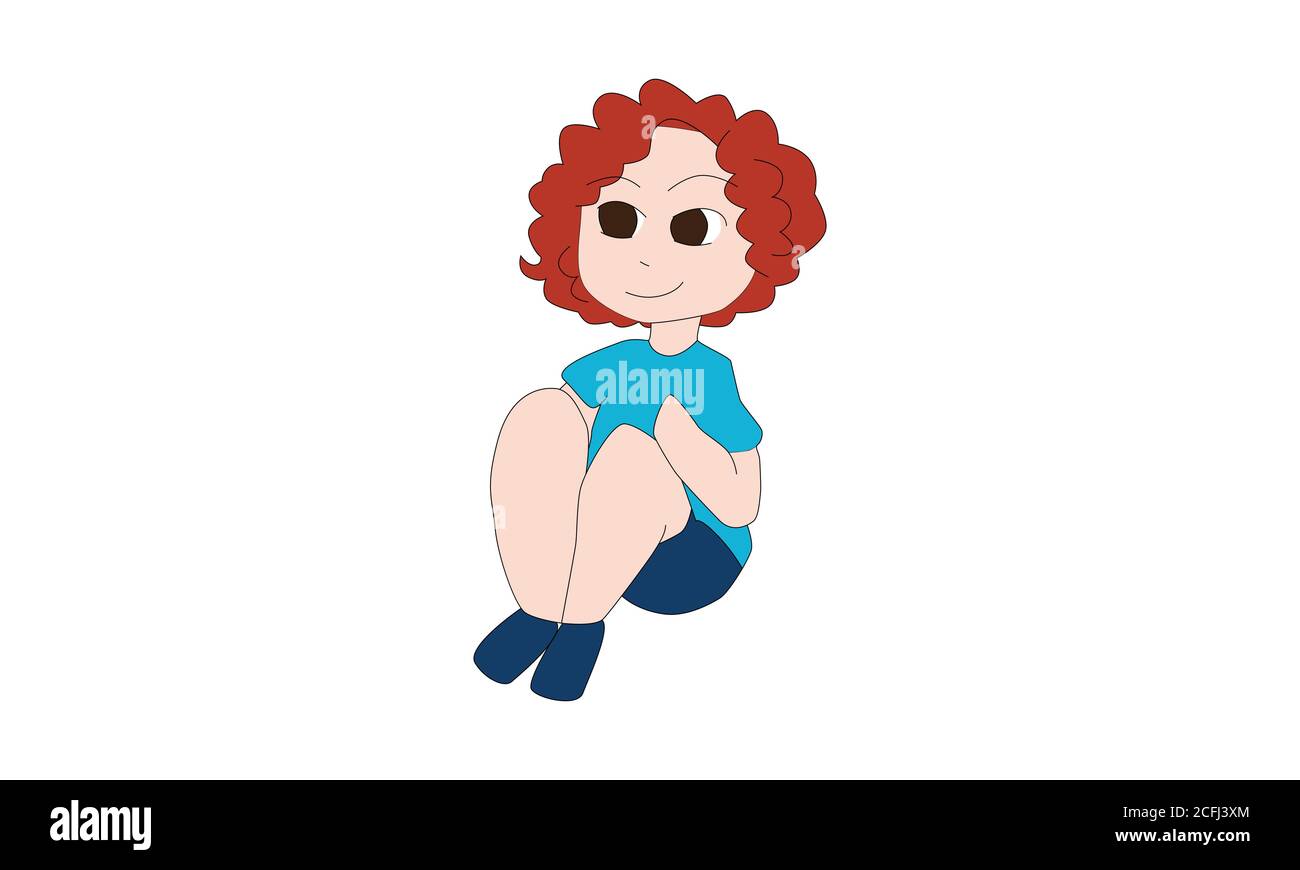 Flacher Vektor von Mädchen oder Frau mit kurzen roten Locken Haare und große Augen tragen ein blaues Hemd und dunkel Hose sitzt und isoliert vor weißem Hintergrund Stock Vektor
