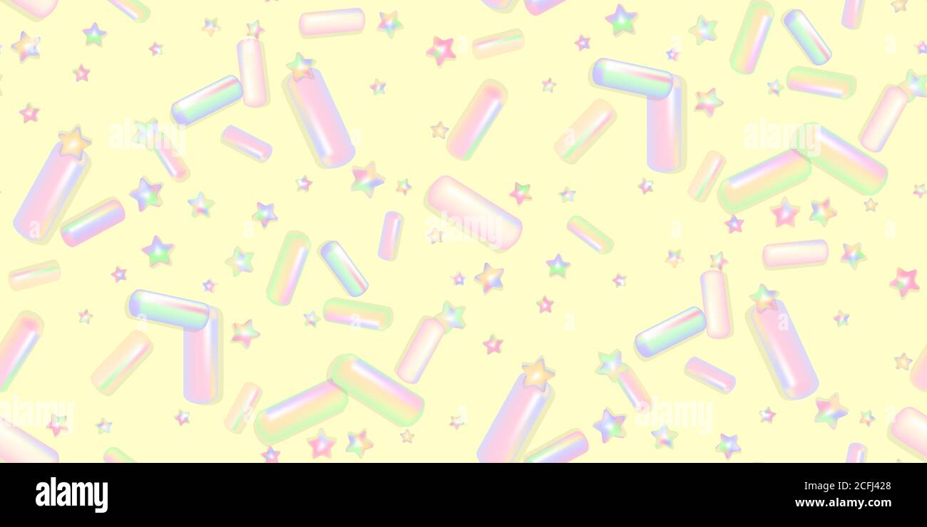 Streuen Sie realistisch mit Körnern verschiedener Formen. Nahtloses Muster bunt streut körnig von Desserts auf gelb. Design für Urlaub Designs, Party, Stock Vektor