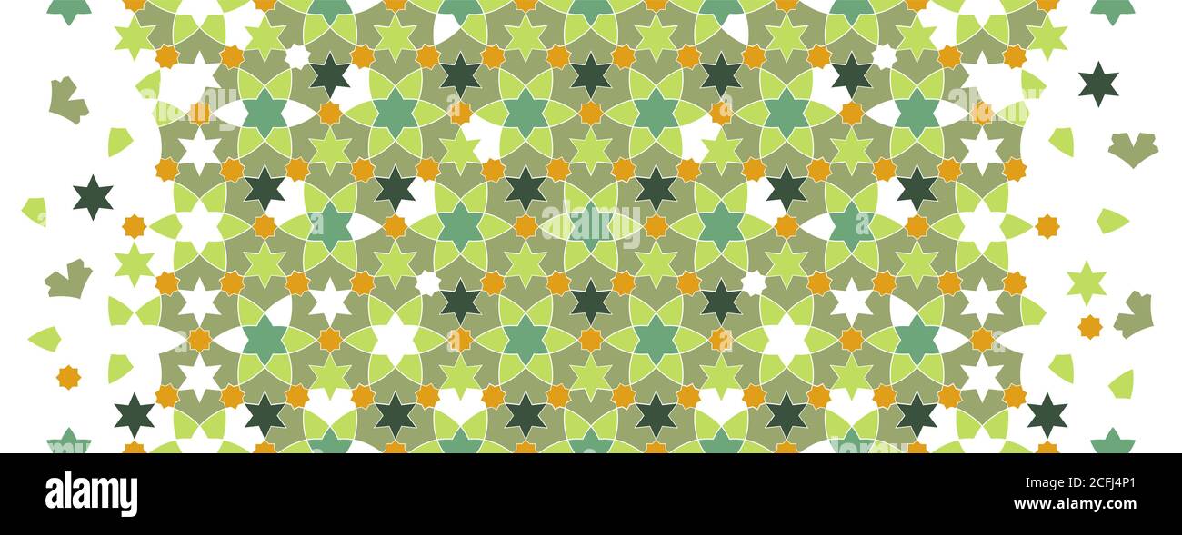 Arabesque vector seamless green pattern. Geometric arabic halftone texture with color tile disintegration Stock Vektor