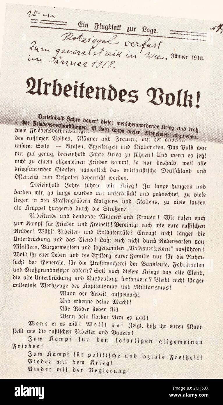 Anti-Kriegs-Flugblatt der österreichischen linken Radikalen. Januar 1918 Stockfoto