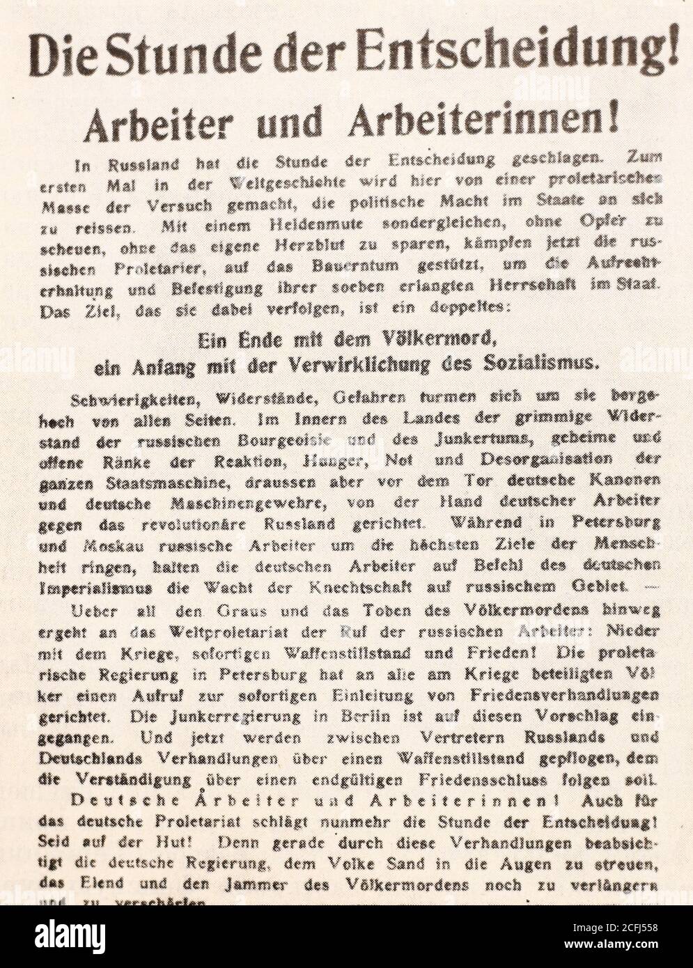 Flugblatt der Spartak-Gruppe (eine revolutionäre Organisation der deutschen linken Sozialdemokraten). Dezember 1917 Stockfoto