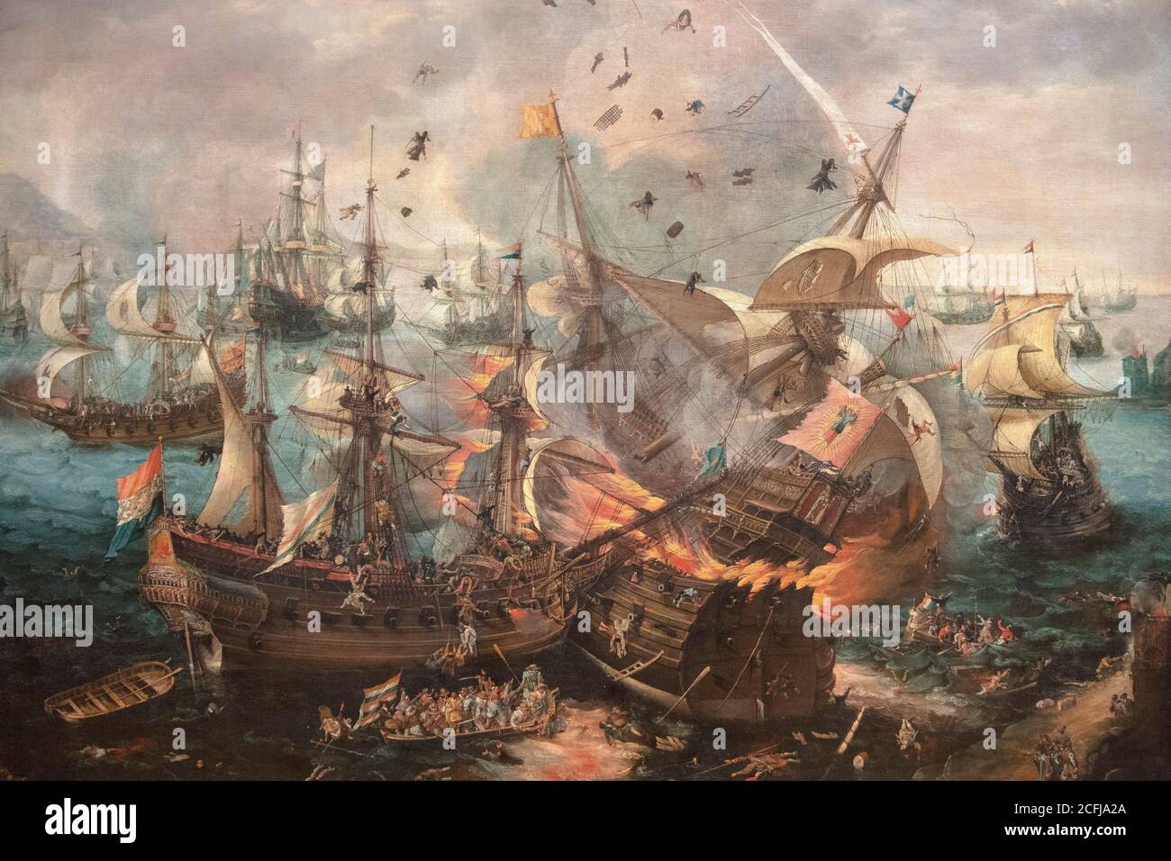 Niederlande, Amsterdam, Rijksmuseum. Die Explosion des spanischen Flaggschiffs während der Schlacht von Gibraltar. Cornelis Claesz van Wieringen. c. 1621. Stockfoto