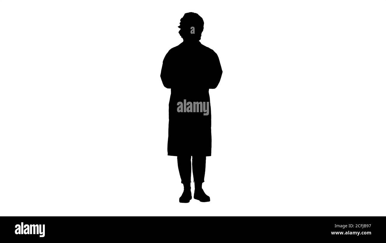 Silhouette Lächelnde niedliche Arzt Frau im Gespräch mit Kamera. Stockfoto