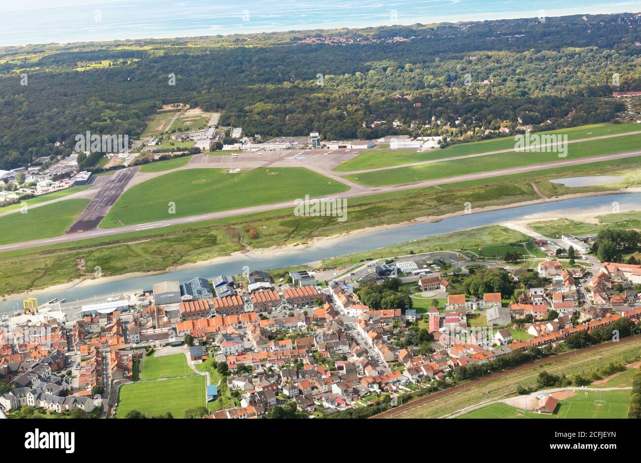 Luftaufnahme des Flughafens Le Touquet-Paris-Plage Stockfoto