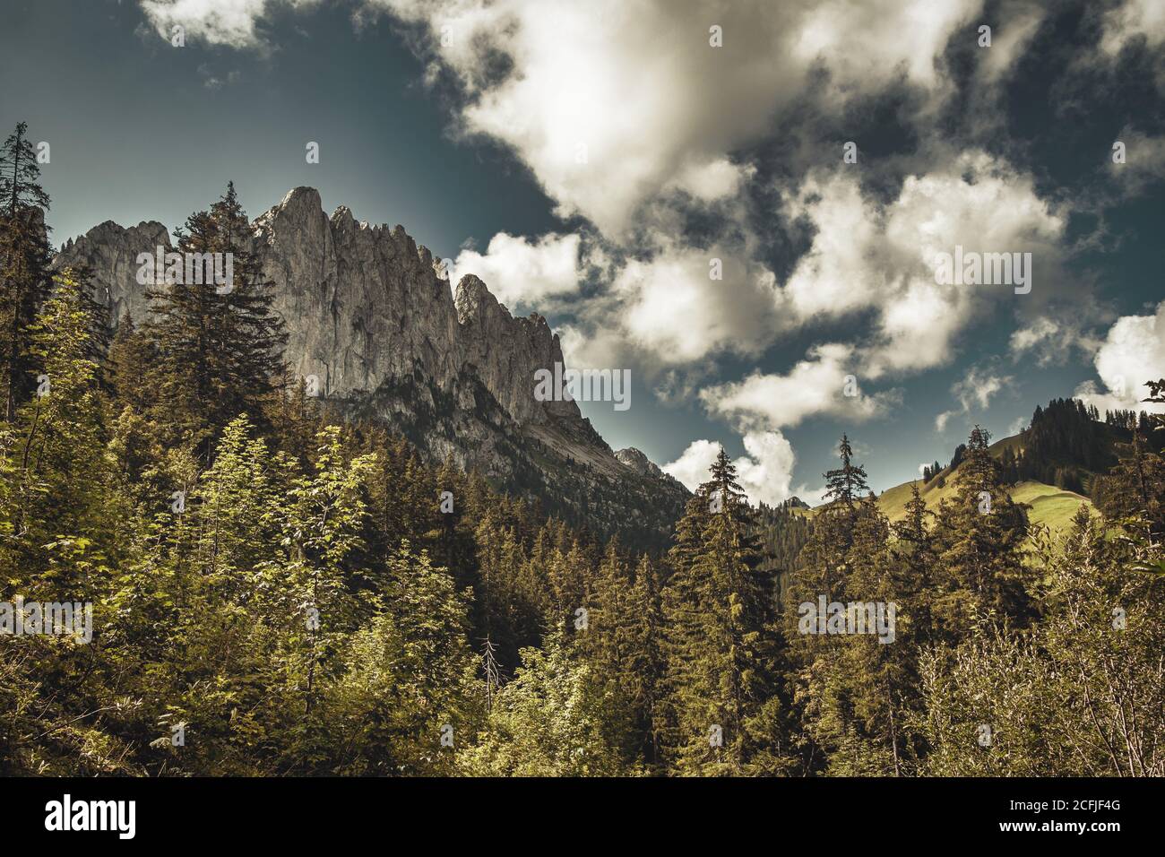 Idyllische Aussicht auf die Gastlosen Berge in der Schweiz mit Wald in Der Vordergrund und ein wolkiger Himmel in einem Sepia-Ton Stockfoto