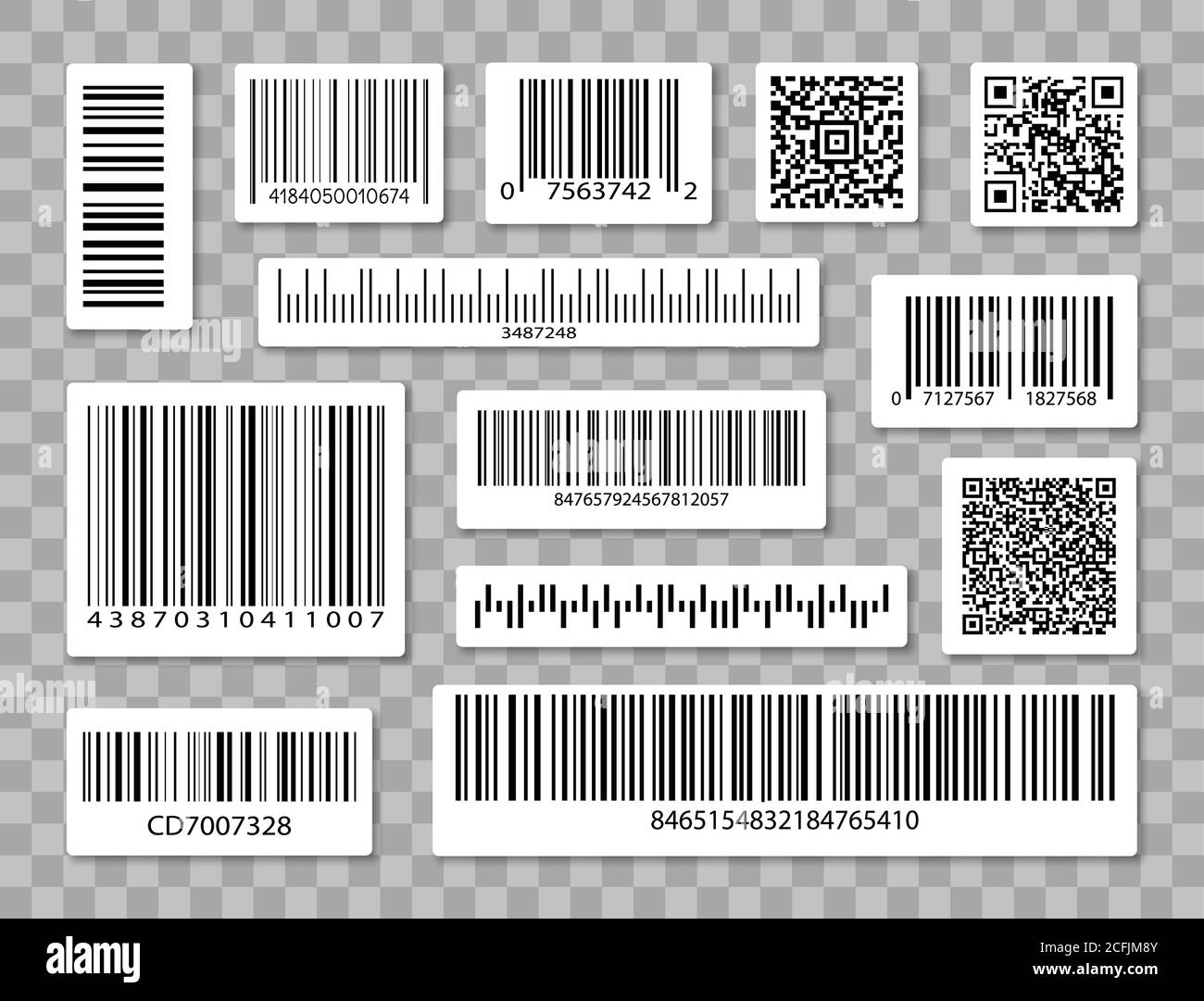 Barcode-Etiketten. Codebreifen Aufkleber, digitales Strichetikett. Industrielle Barcodes, Kunden qr-Code. Vektorset Stock Vektor