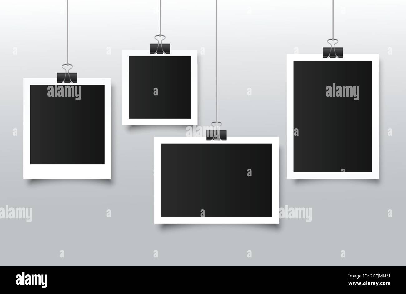 Leerer Bilderrahmen, der an einem Clip hängt. Schwarzer leerer Platz für Ihren Text oder Ihr Foto. Realistische detaillierte Foto Symbol Design Vorlage. Vektor Stock Vektor