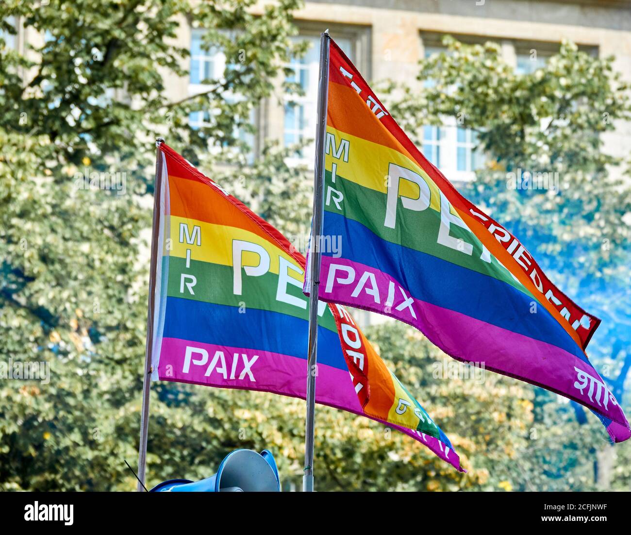 Berlin, 29. August 2020: Die Regenbogenfahne winkt über den Köpfen der Demonstranten Stockfoto