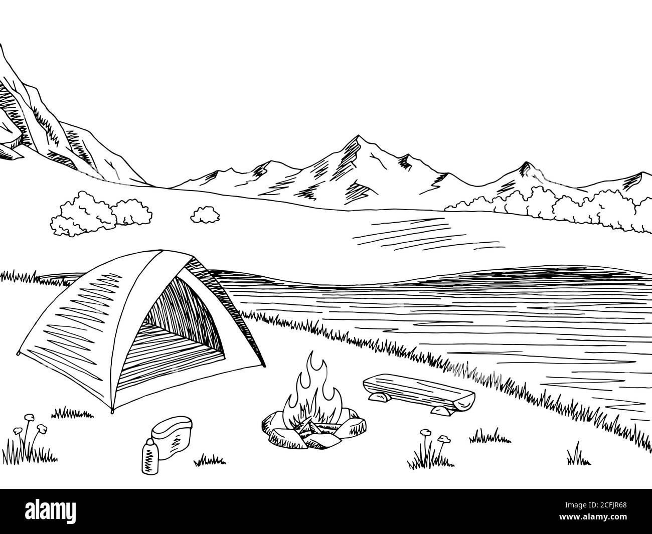 Camping Grafik schwarz weiß Berglandschaft Skizze Illustration Vektor Stock Vektor