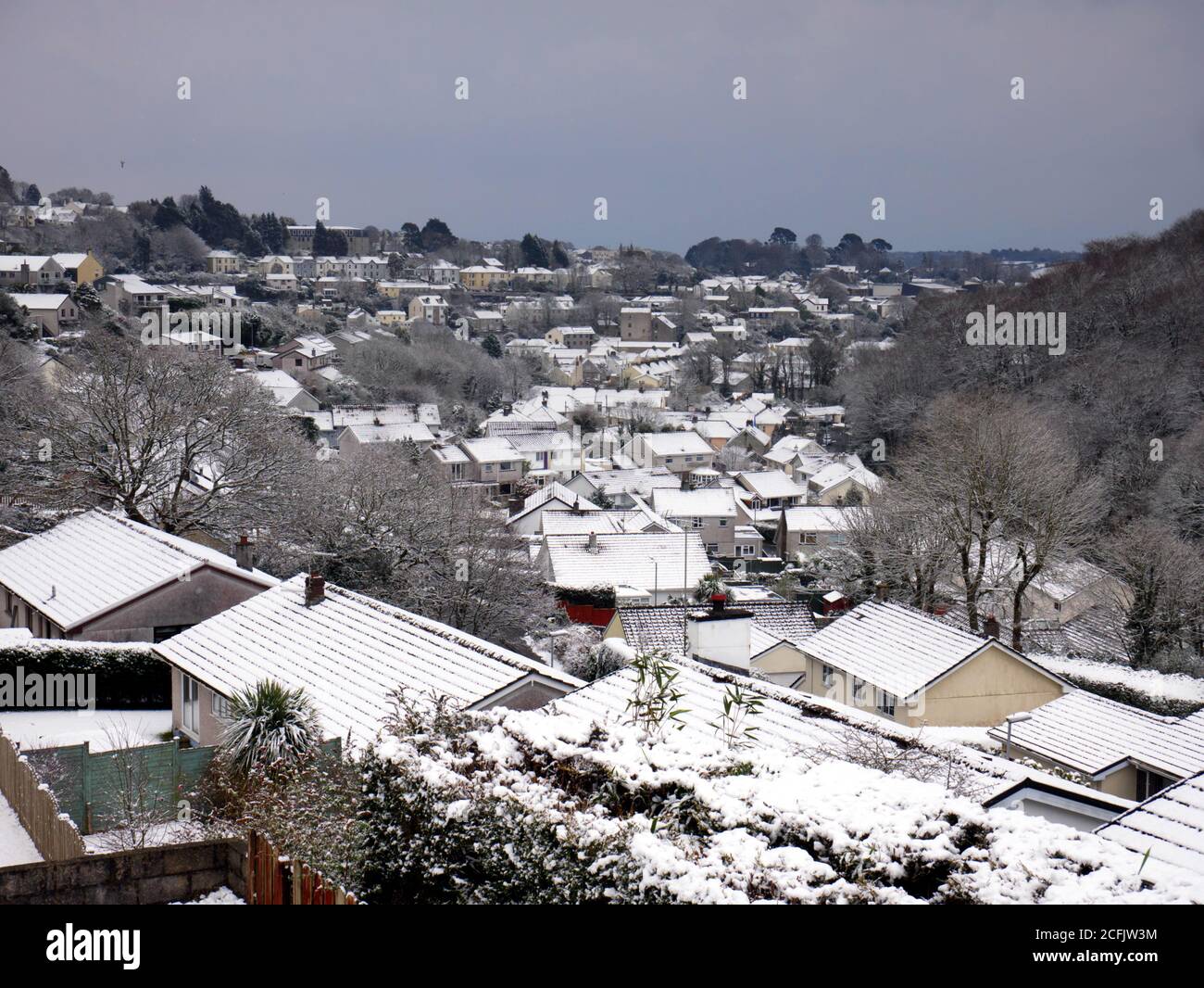 Verschneite St Austell in Cornwall. Stockfoto