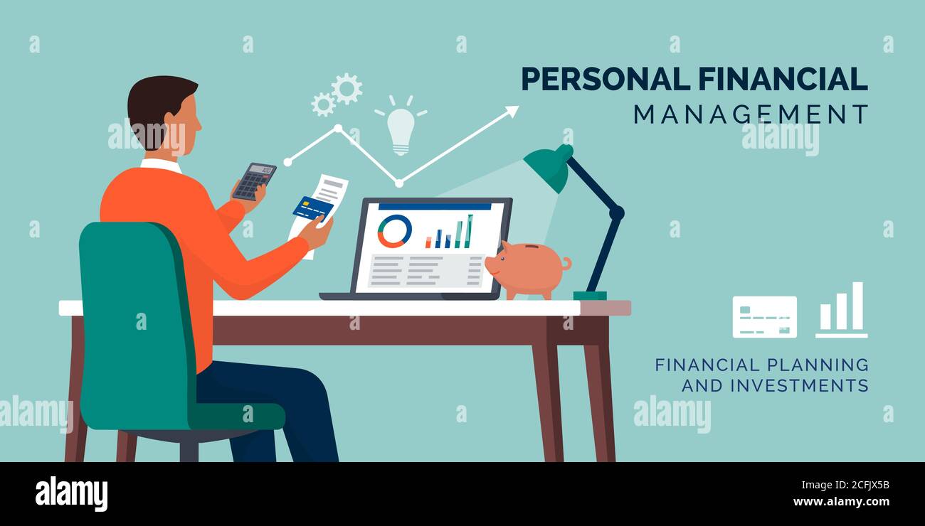 Personal Finance Management: Mann verwaltet seine persönlichen Finanzen zu Hause mit einem Rechner und einem Finanz-Software-Tool Stock Vektor