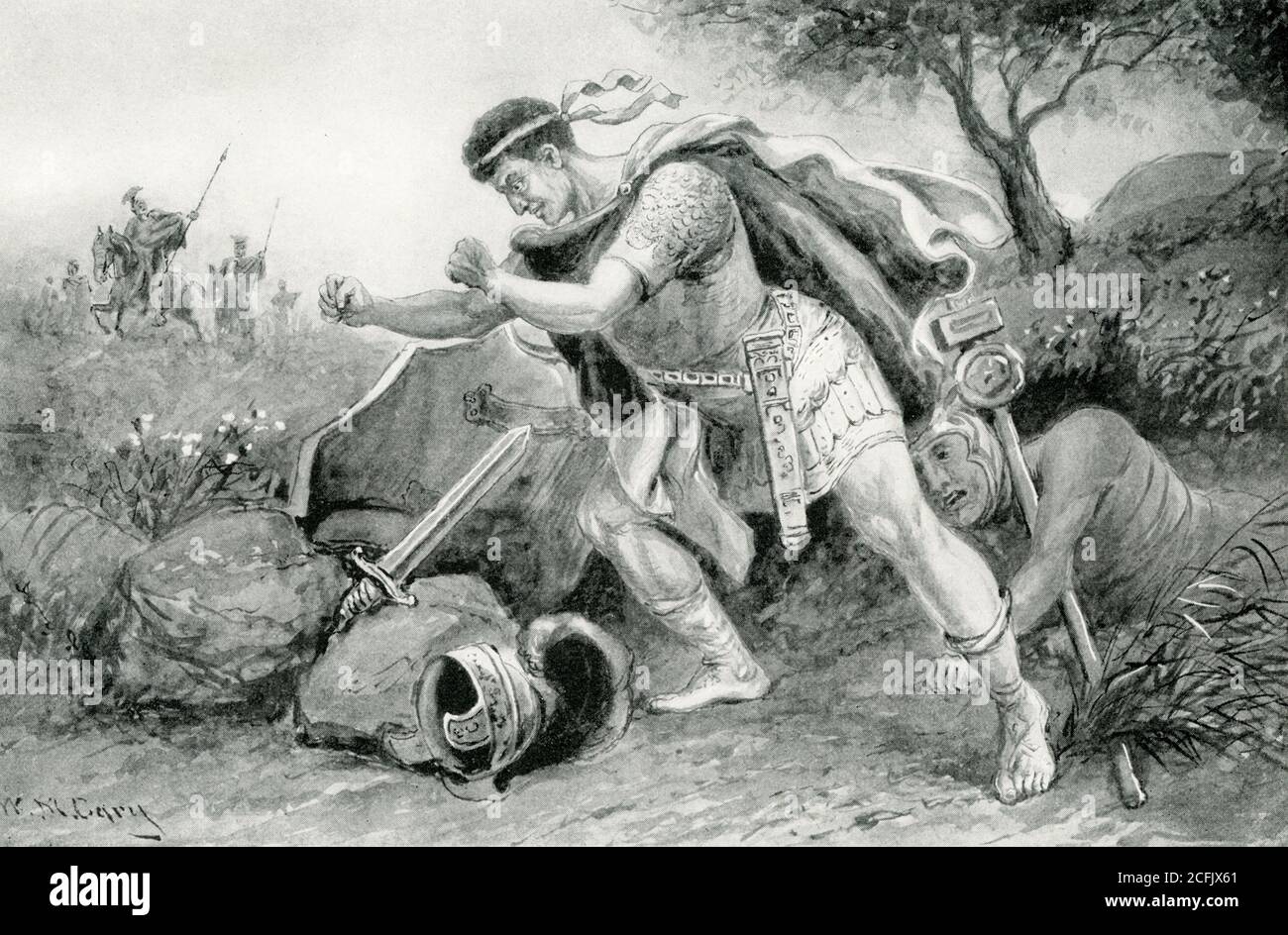 Die Bildunterschrift dieser frühen 1900er Illustration lautet: Suicide of Brutus (42 v. Chr.). Caesars Tod hat nicht, wie Brutus erwartet hatte, die republik wiederhergestellt, sondern die Welt mit einem Bürgerkrieg zerrissen. Brutus selbst wurde schließlich in Philippi von den Freunden von Caesar unter Marc Antony besiegt. Als er sich verlassen fand und gefangen genommen werden wollte, warf sich Brutus auf sein eigenes Schwert. Antony sah den Leichnam an und sagte: „das war der edelste Römer von allen!“ Stockfoto