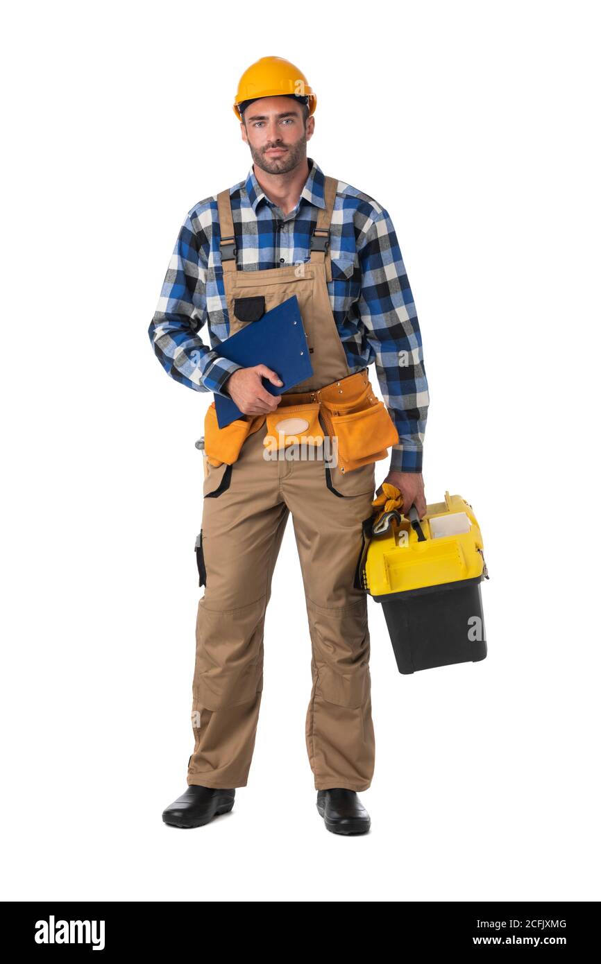 Auftragnehmer Arbeiter in Overalls und Hardhat mit Toolbox und Dokumentenordner isoliert auf weißem Hintergrund, volle Länge Porträt Stockfoto