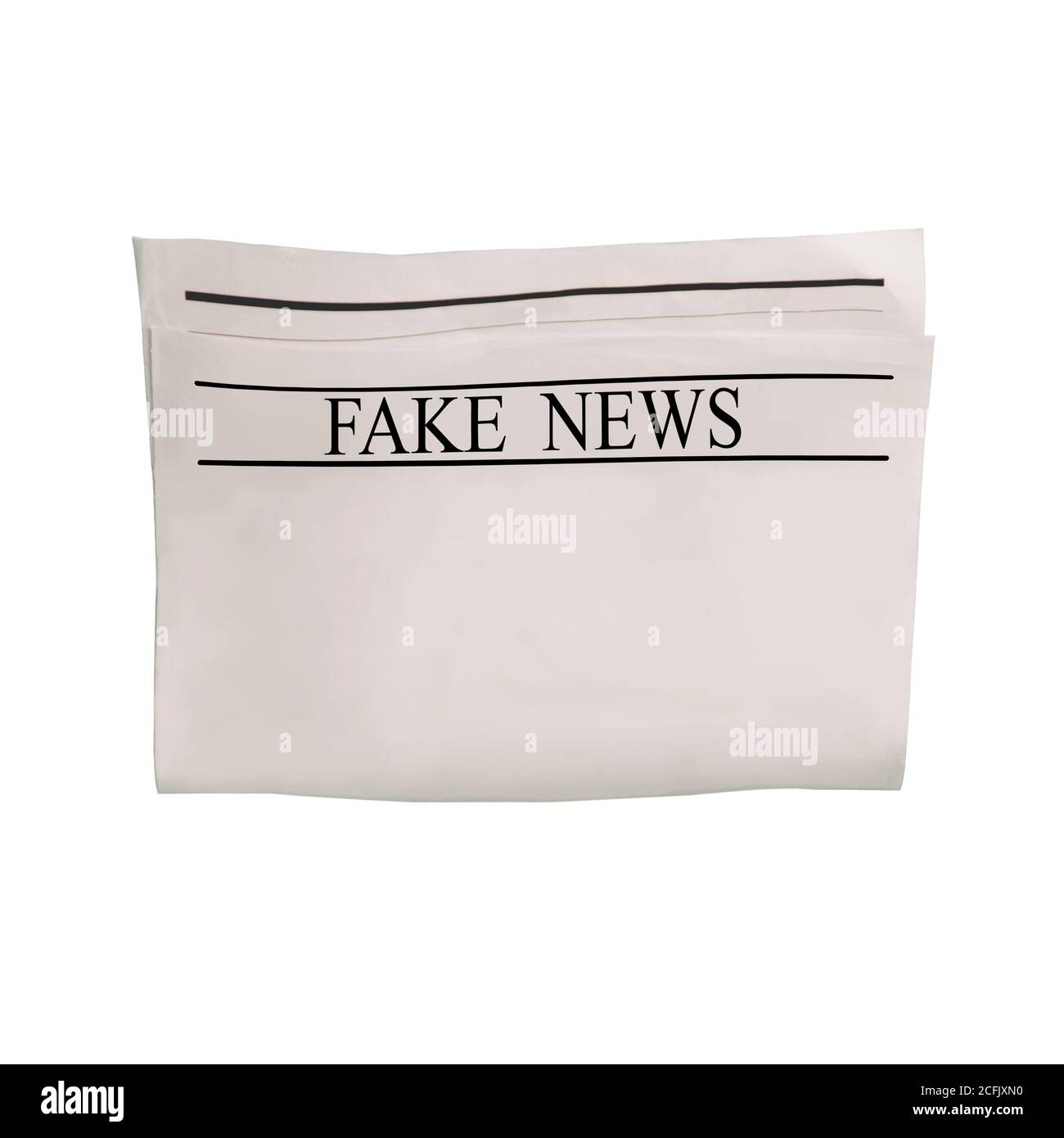 Mockup von Fake News Zeitung leer mit unlesbarem Text. Isoliert auf weißem Hintergrund. Nachrichtenpapier mit Schlagzeile. Vintage alte grau beige Sepia Grunge Stockfoto