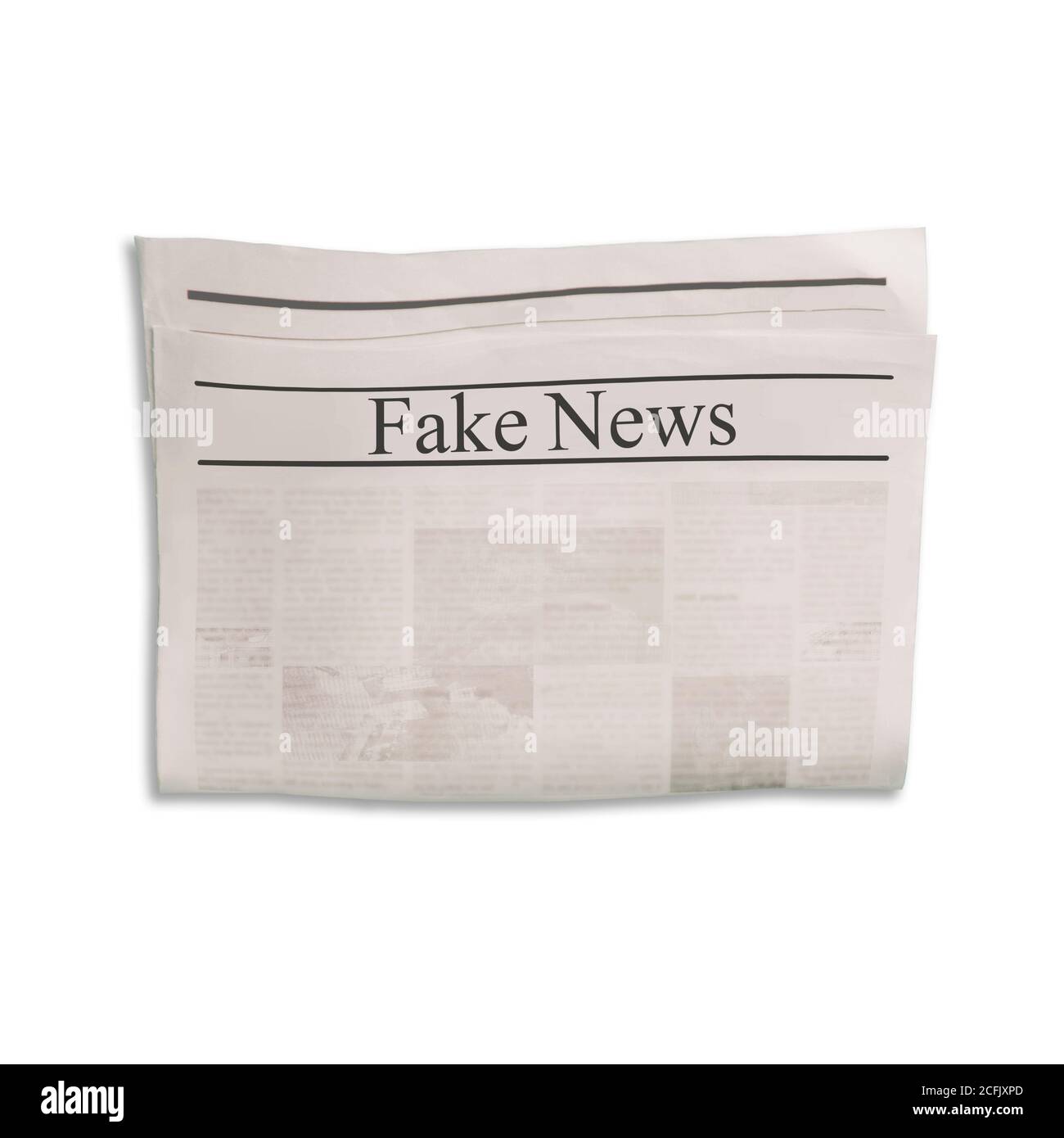 Mockup von Fake News Zeitung leer mit unlesbarem Text. Isoliert auf weißem Hintergrund. Nachrichtenpapier mit Schlagzeile. Vintage alte grau beige Sepia Grunge Stockfoto