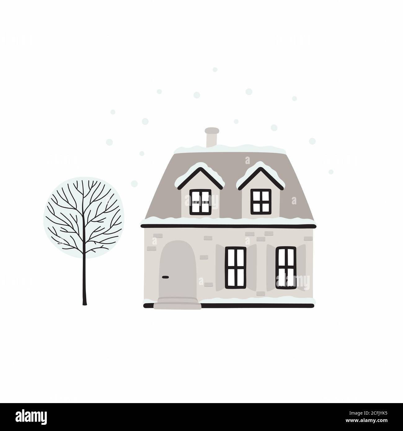 Cartoon Winterhaus. Vektor-Bild von einem Weihnachtshaus und Baum mit Schnee bedeckt. Stock Vektor