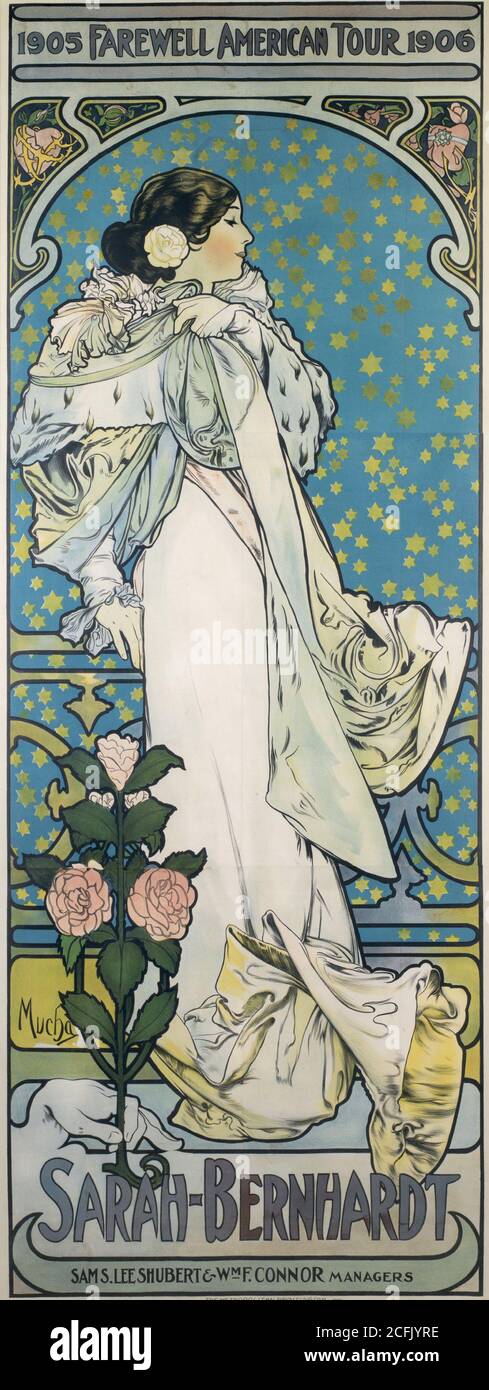 Farewell American Tour der französischen Bühnenschauspielerin Sarah Bernhardt von 1905 bis 1906. Werbeplakat entworfen vom tschechischen Jugendstilkünstler Alfons Mucha (1905). Stockfoto