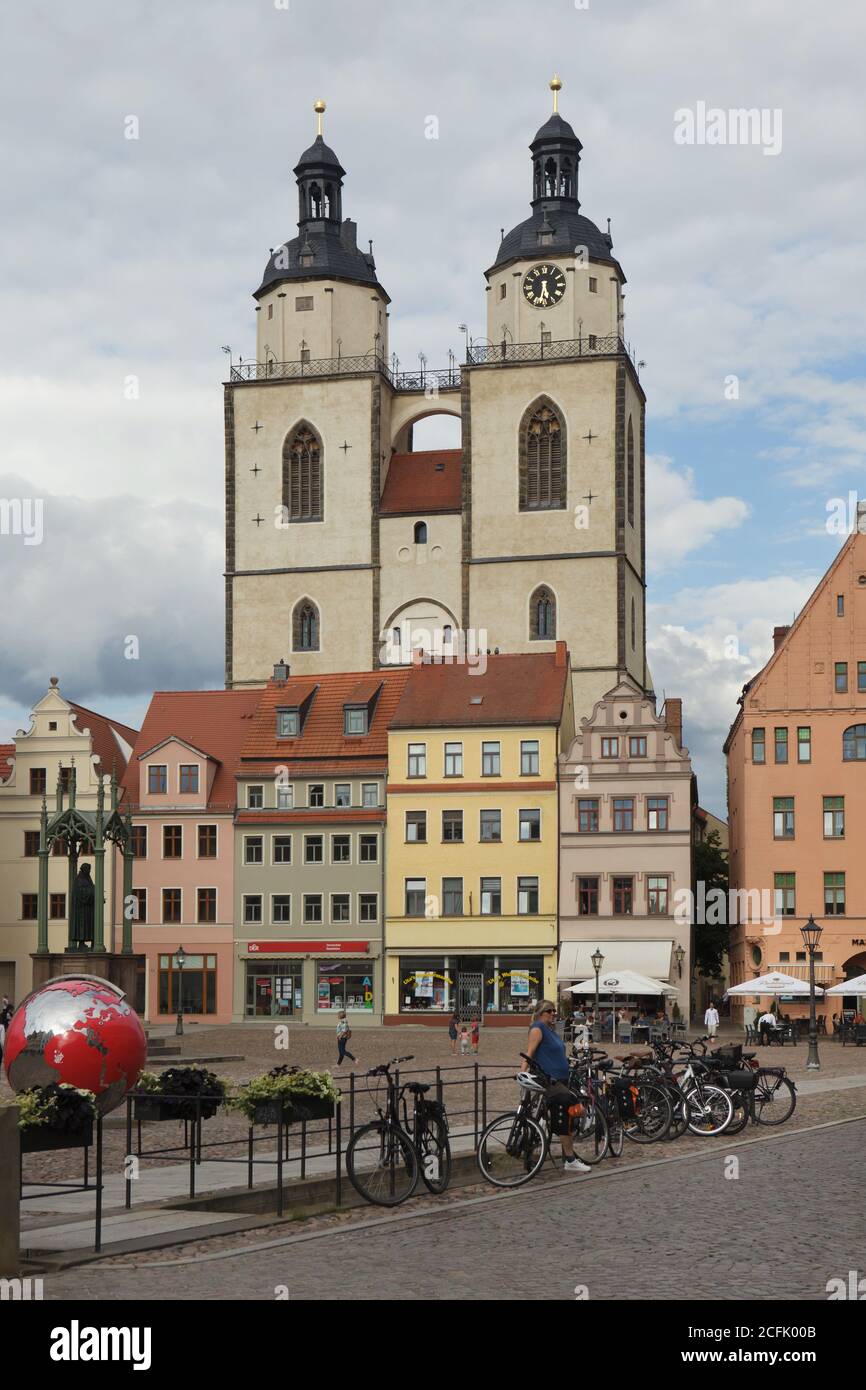 Stadtkirche auch als Pfarrkirche St. Marien bekannt, abgebildet vom Marktplatz in Wittenberg, Sachsen-Anhalt, Deutschland. Stockfoto