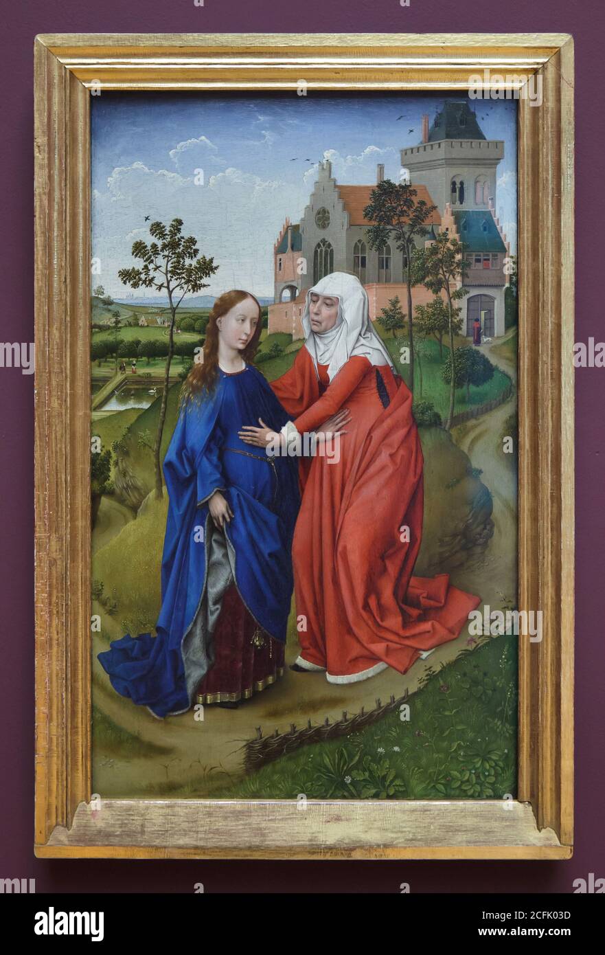 Gemälde 'Visitation' des flämischen Renaissance-Malers Rogier van der Weyden (ca. 1435) ausgestellt im Museum der bildenden Künste in Leipzig, Sachsen. Stockfoto