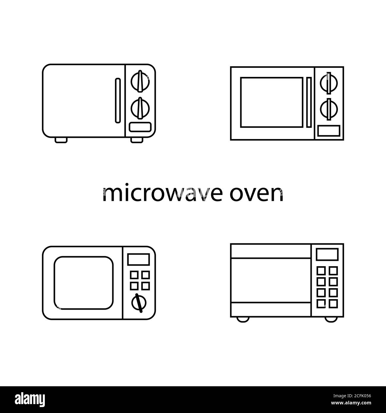 Mikrowelle. Satz von 4 isolierten Vektorgrafiken von Küchengeräten. Umrisse Stock Vektor