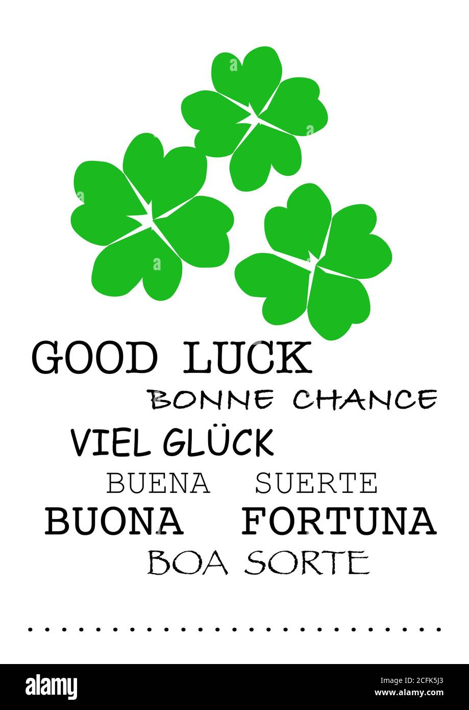 Drei grüne vier Blatt Kleeblätter auf weißem Hintergrund, handgezeichnet, kreativ, viel Glück Text in internationalen Sprachen Stockfoto