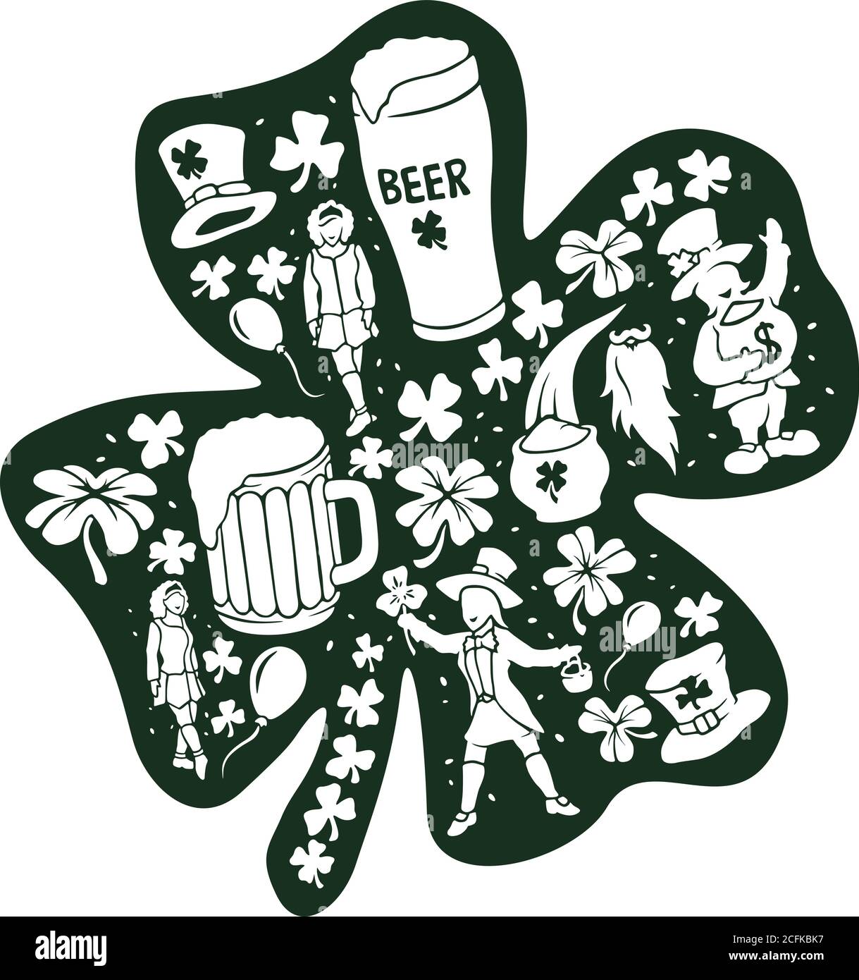 Schönes Set für st. Patricks Tag mit leprechauns dansing Mädchen Bier und Klee Stock Vektor