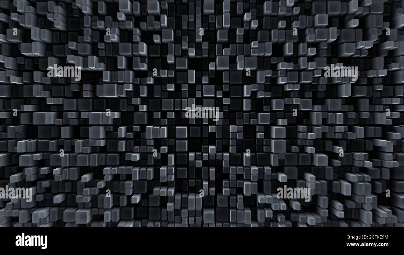 Schwarze abstrakte Quadrate Hintergrund. Schwarzer abstrakter 3D-Hintergrund mit Quadraten Stockfoto