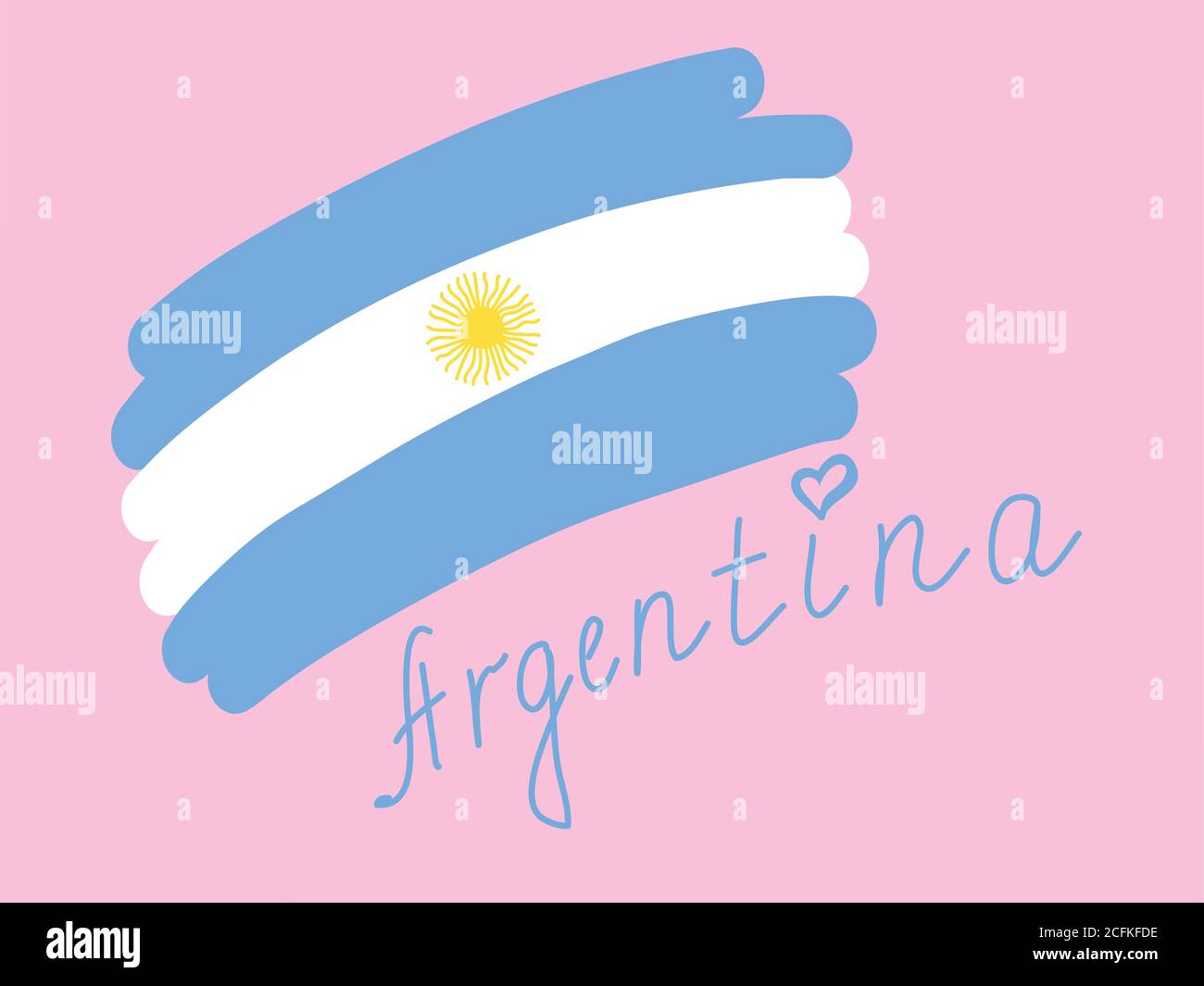 Argentinien Flagge, einfache stilisierte Vektor-Illustration mit Freihandtext. Blaue und weiße Flagge Argentiniens, handgezeichneter Landname mit Herz über lett Stock Vektor