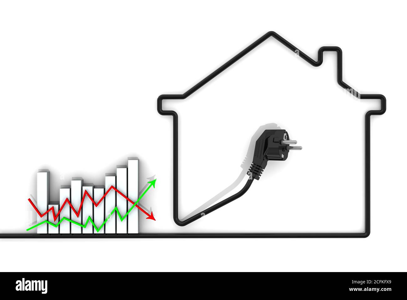 Änderungen der Strompreise. Diagramm Änderungen der Stromtarife und Konturhäuser aus Elektrodraht. Finanzkonzept Stockfoto