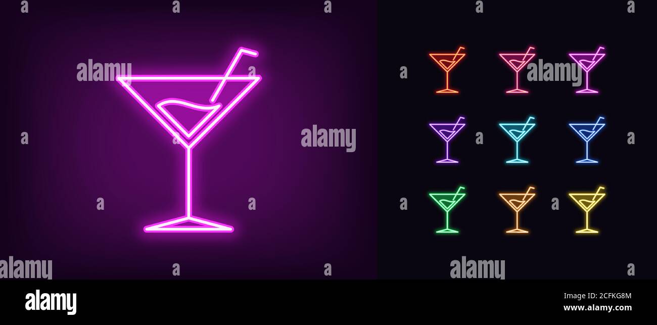 Neon-Cocktail-Symbol. Leuchtendes Neon martini-Schild, Cocktailparty in lebendigen Farben. Alkoholische Getränke, frische Spirituosen, tropische Bar. Symbolsatz, Zeichen, Stock Vektor