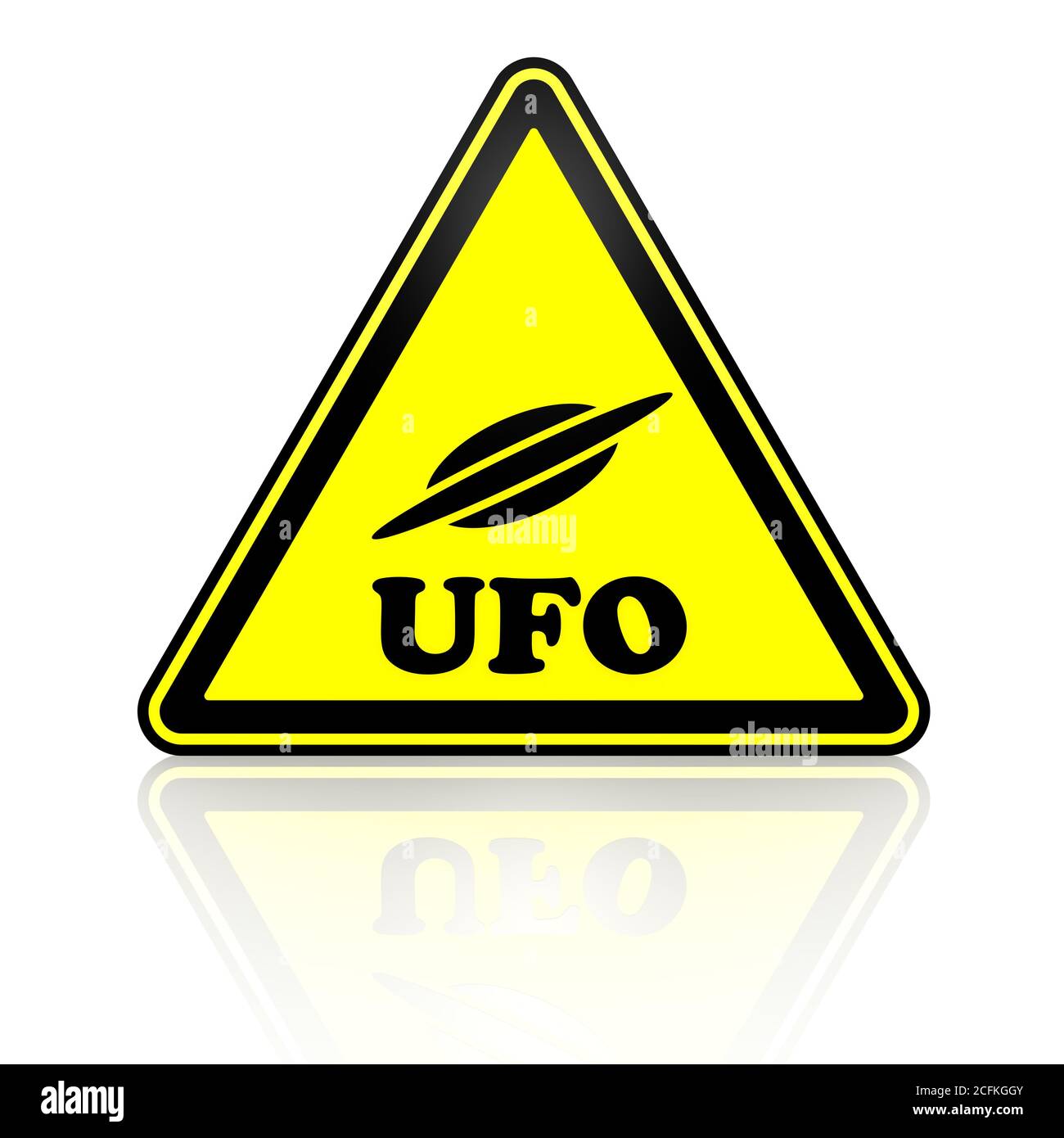 Warnschild mit fliegender Untertasse Symbol und Wort UFO (nicht identifiziertes fliegendes Objekt). 3D-Illustration Stockfoto