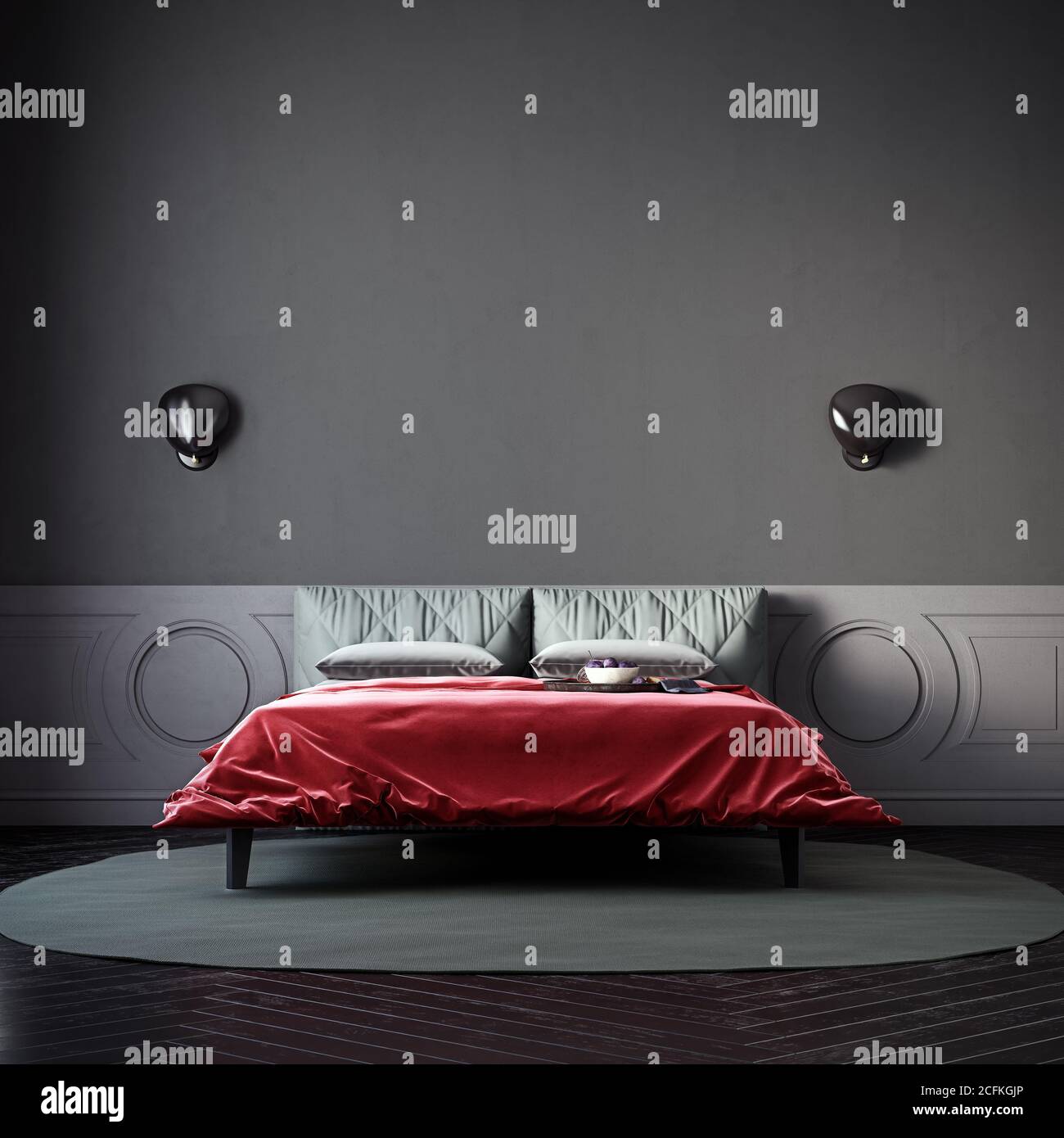 Dunkle düstere Schlafzimmer mit leuchtend roten Bettüberwurf, Noir-Stil, Mock-up mit negativen Raum, 3d-Rendering, 3d-Illustration Stockfoto