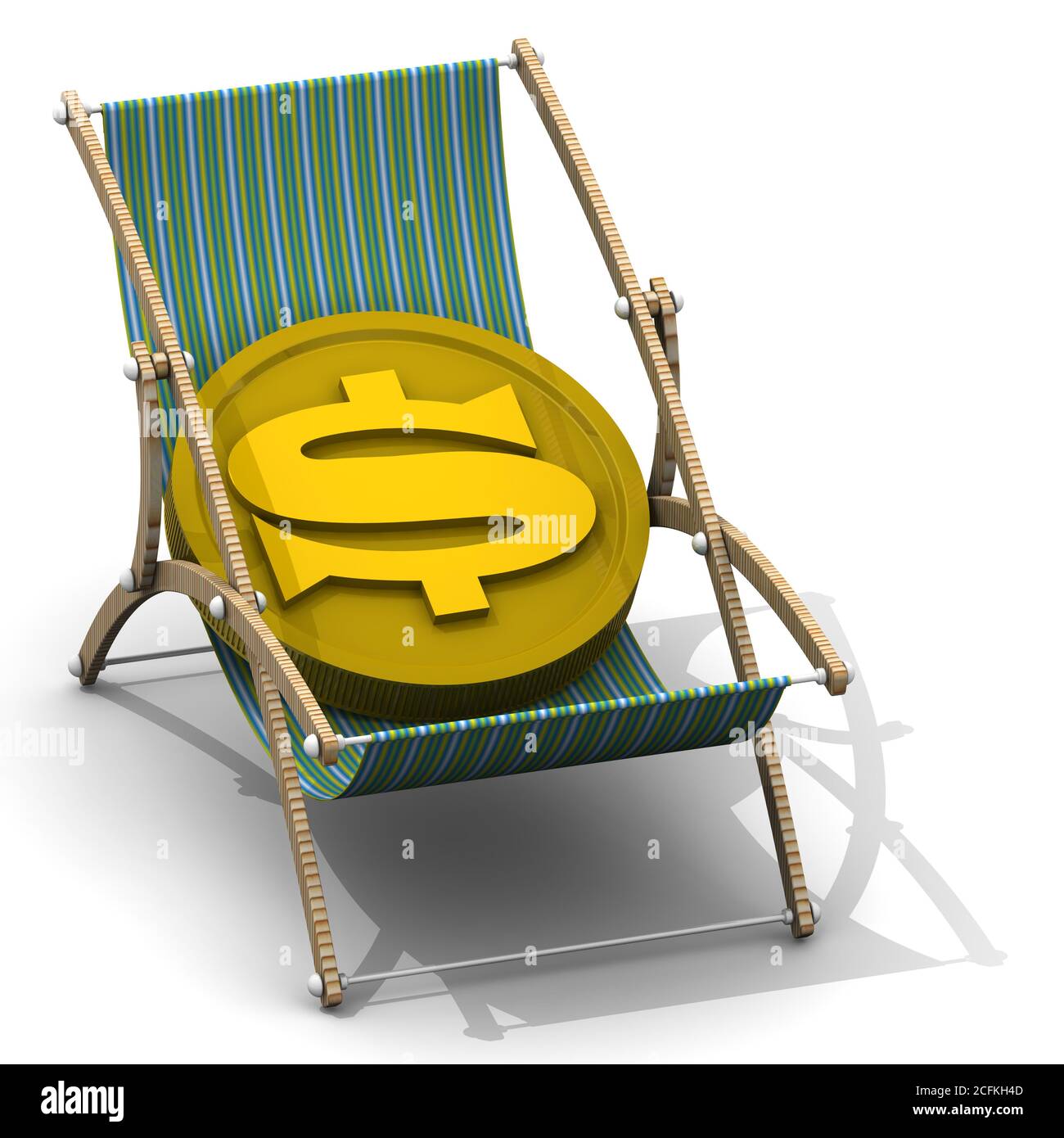 Kosten der Ruhe. Goldmünze mit Symbol des US-Dollars liegt in einer Chaiselongue. 3D-Illustration Stockfoto
