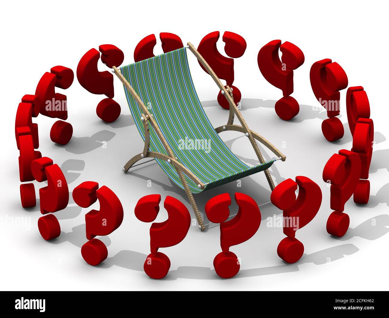 Das Problem, einen Ort der Ruhe zu wählen. Eine Chaiselongue, umgeben von roten Fragezeichen, steht auf einer weißen Fläche. 3D-Illustration Stockfoto
