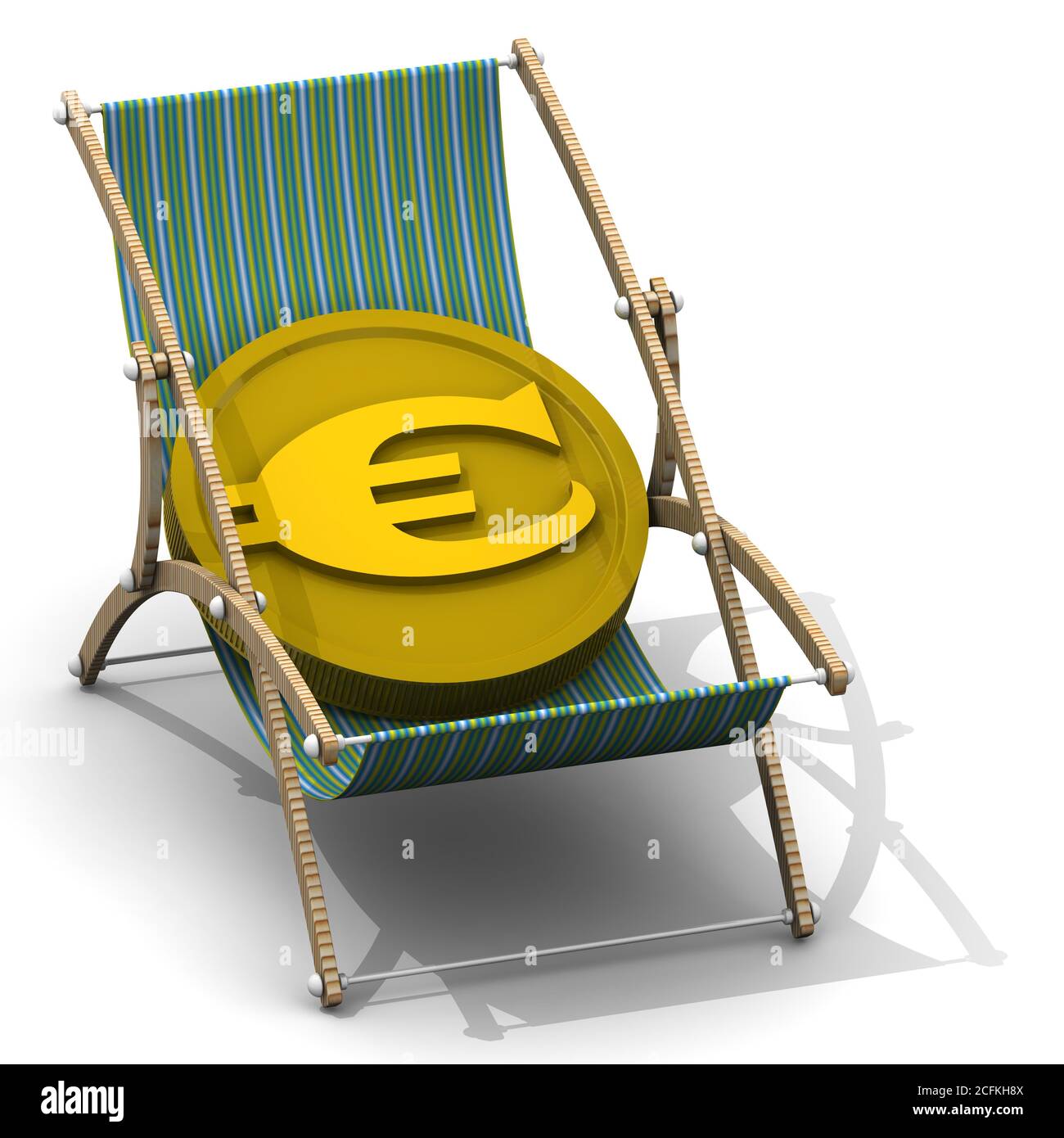 Kosten der Erholung in Euro-Währung. Goldmünze mit Symbol der Euro-Währung liegt in einer Chaiselongue. 3D-Illustration Stockfoto