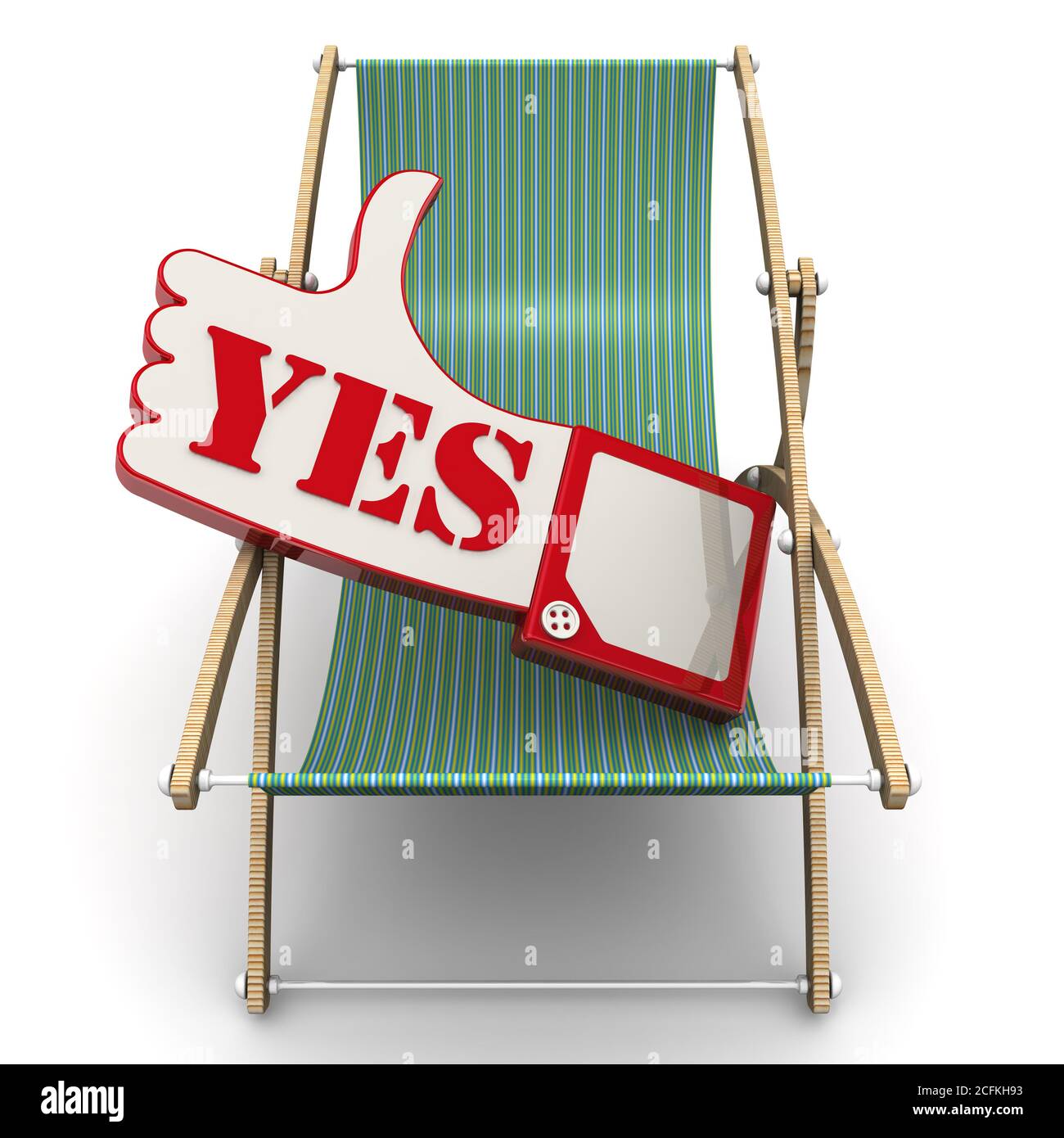 Positive Bewertungen über den Rest. Handbewegung Daumen hoch (wie) liegt in einer Chaiselongue. Das Konzept der positiven Bewertungen über den Rest. 3D-Illustration Stockfoto