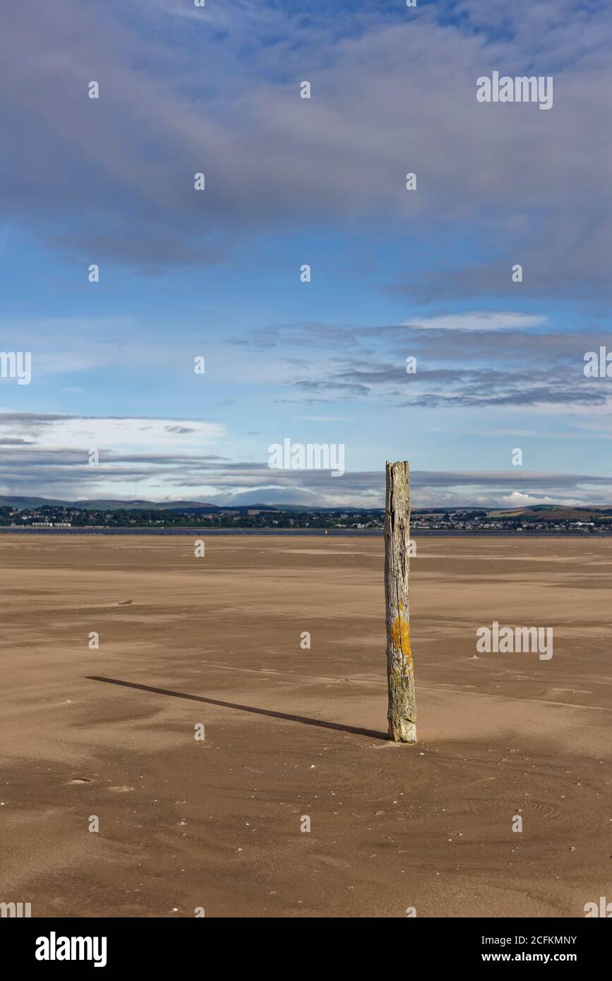 Eine Nahaufnahme von nn aufrecht hölzernen Post oder Marker auf dem sanft ablagebenden Strand am Tentsmuir Point auf der Südseite der Tay Mündung. Stockfoto