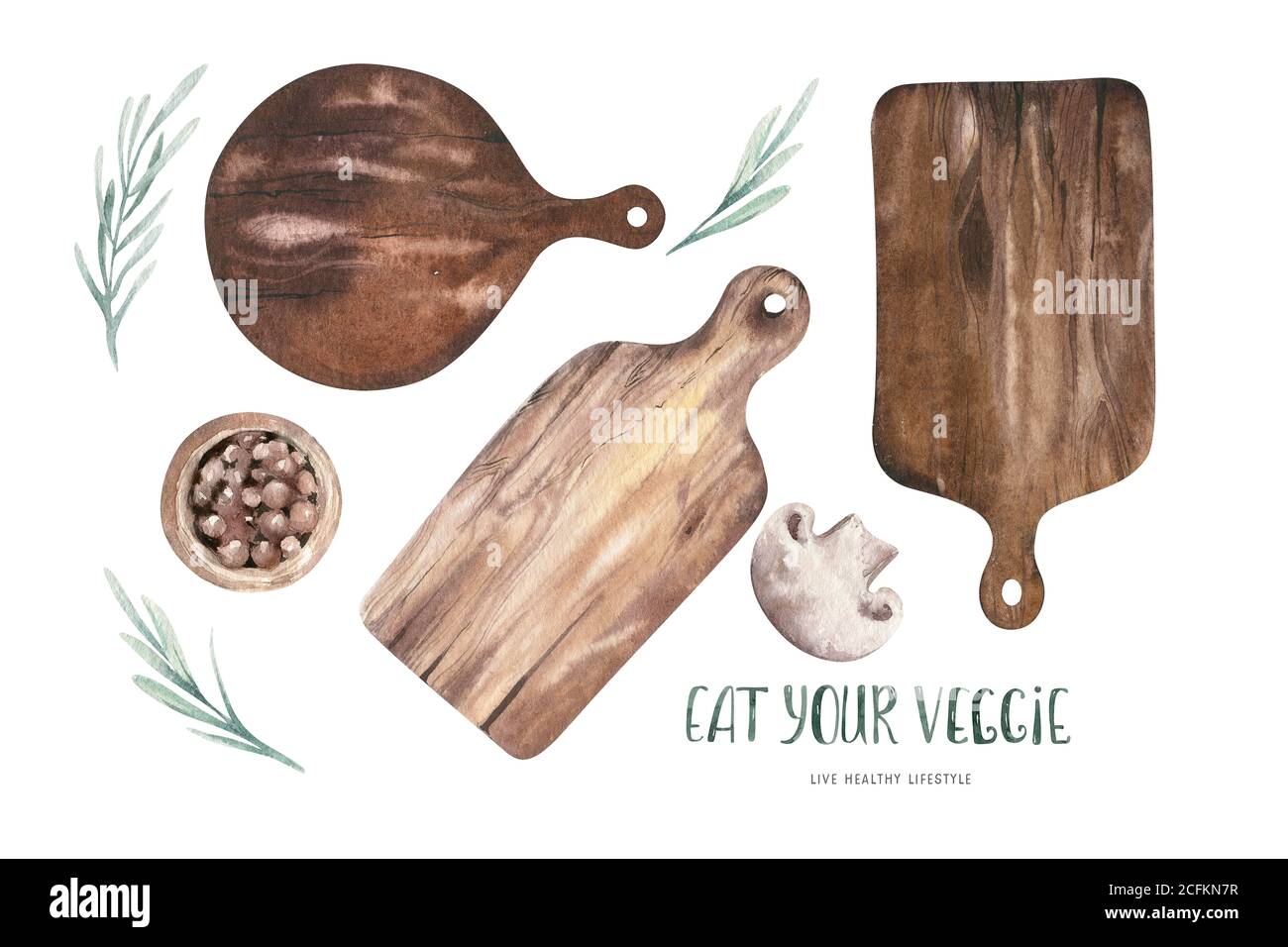 Satz von Aquarell Küche Holz Schneidebretter. Handgezeichnete Illustration für Küchenposter. Restaurant Bord Menü skandinavischen Stil Kit Design Stockfoto