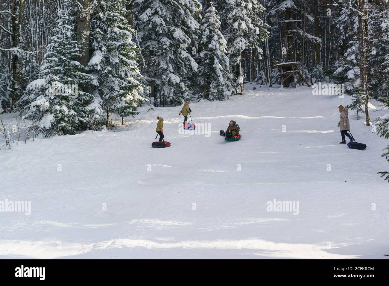 Russland, das Plateau Lago-Naki, Adygeya Republik - Januar 28.2017: Kinder und Erwachsene fahren auf Schlitten auf Schneehügeln zum Skifahren. Sonniger Wintertag im Mo Stockfoto