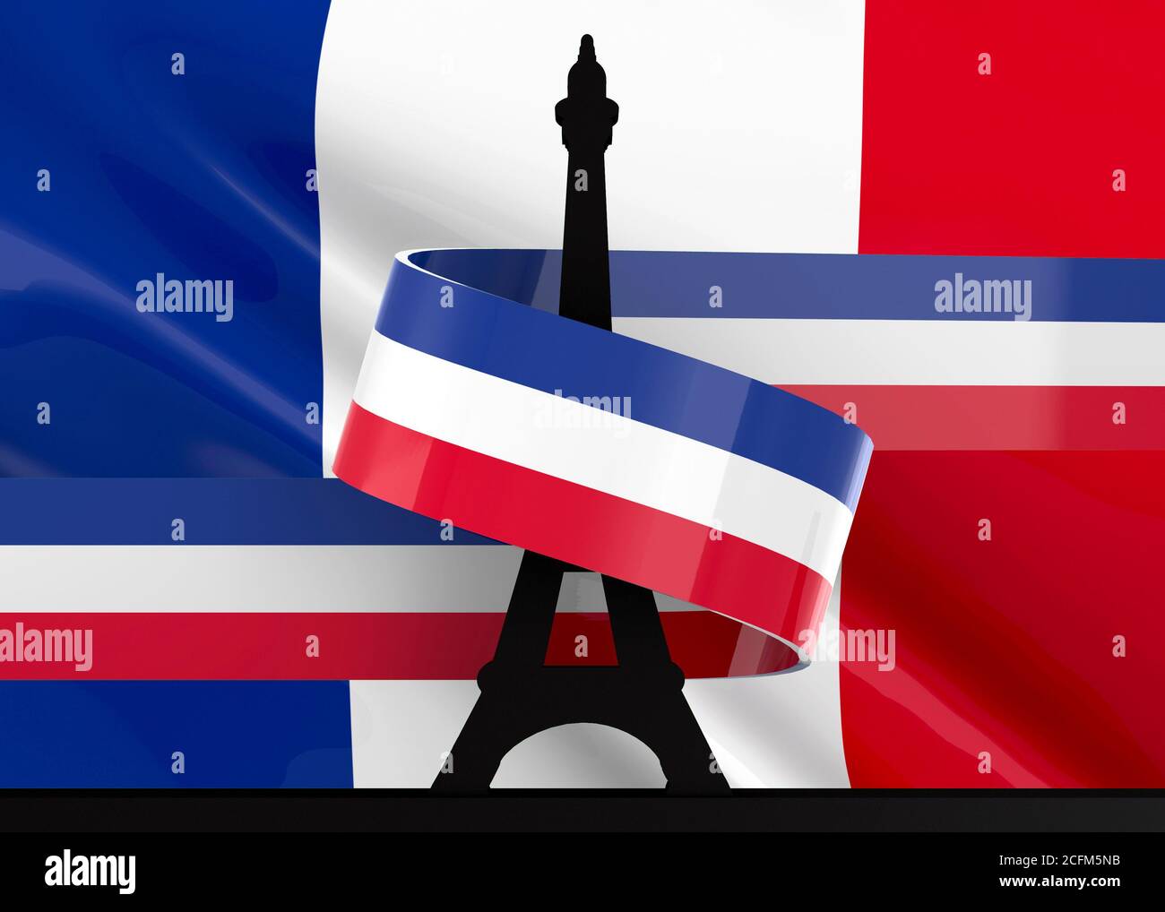 Französisches Band und Eiffelturm Stockfoto