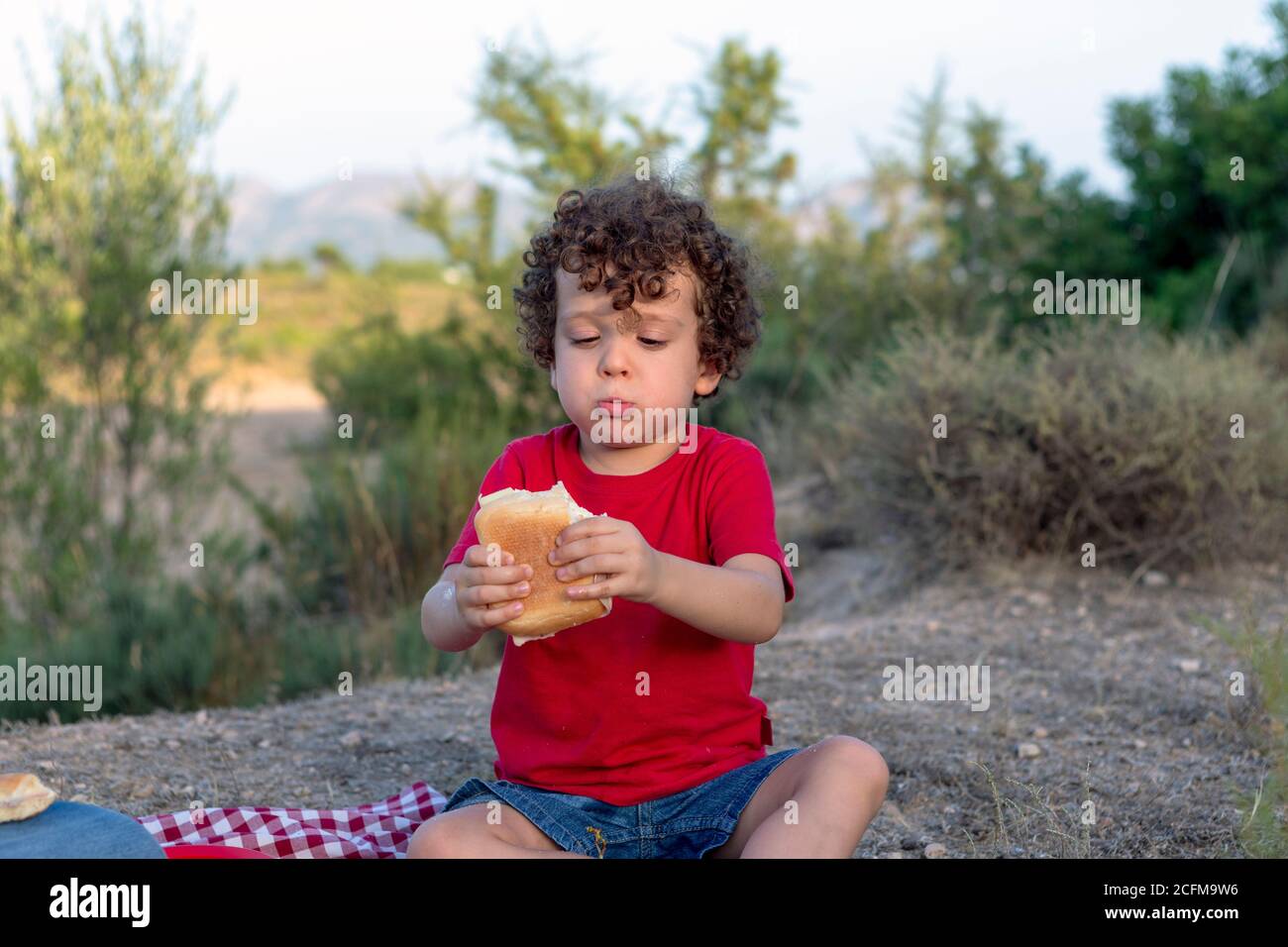 Lustige Picknick-Situation eines Jungen, der ein Sandwich isst Die Berge mit Begeisterung sitzen auf einem rot-weiß Karierte Tischdecke Stockfoto
