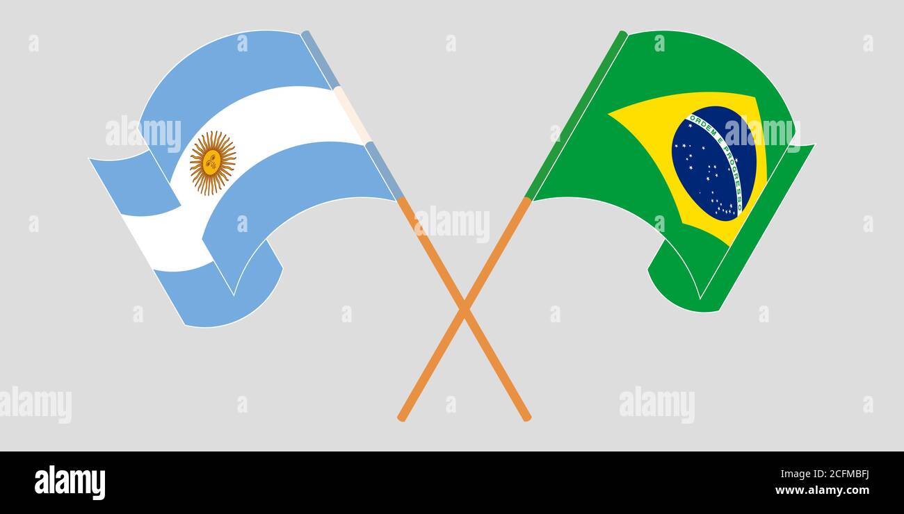 Gekreuzte und winkende Flaggen von Argentinien und Brasilien. Vektorgrafik Stock Vektor