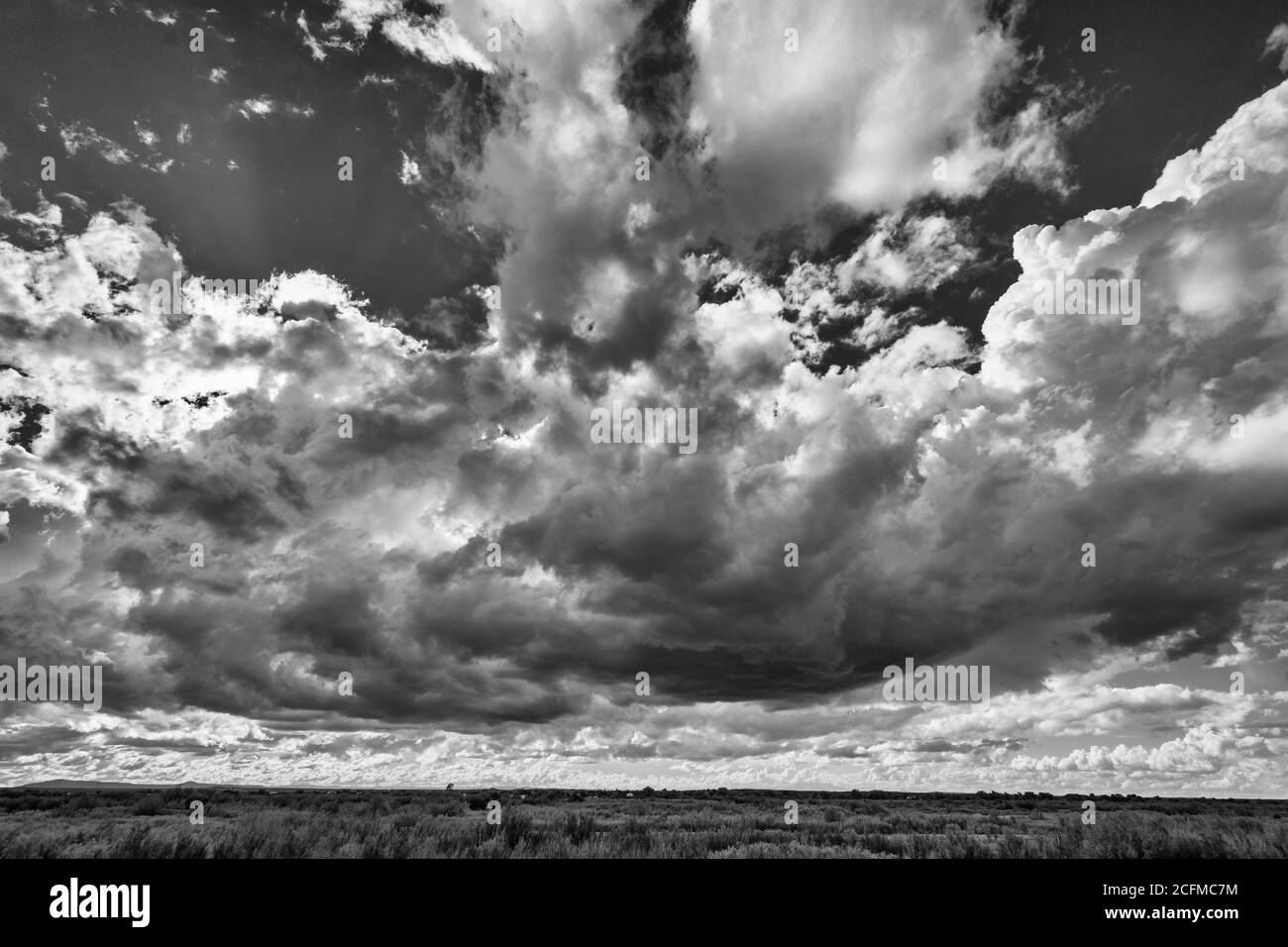 Arizona, Winslow, Homolovi State Park, Hopi Ahnenkomplex archäologische Stätten, Cumulus Wolken, monochrom Stockfoto