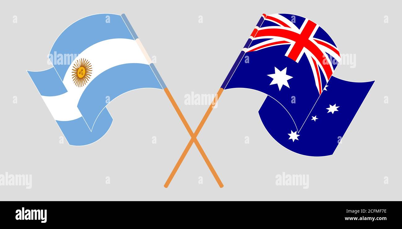 Gekreuzte und winkende Flaggen von Australien und Argentinien. Vektorgrafik Stock Vektor