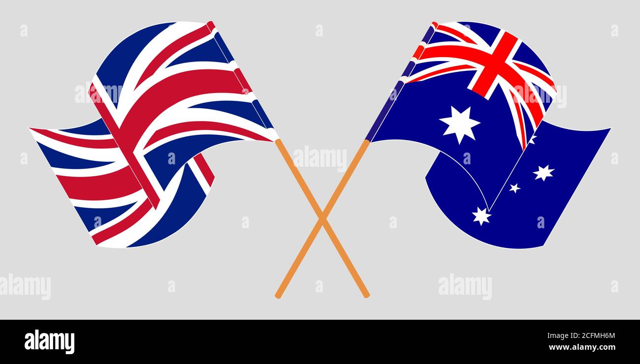 Gekreuzte und winkende Flaggen von Australien und Großbritannien. Vektorgrafik Stock Vektor