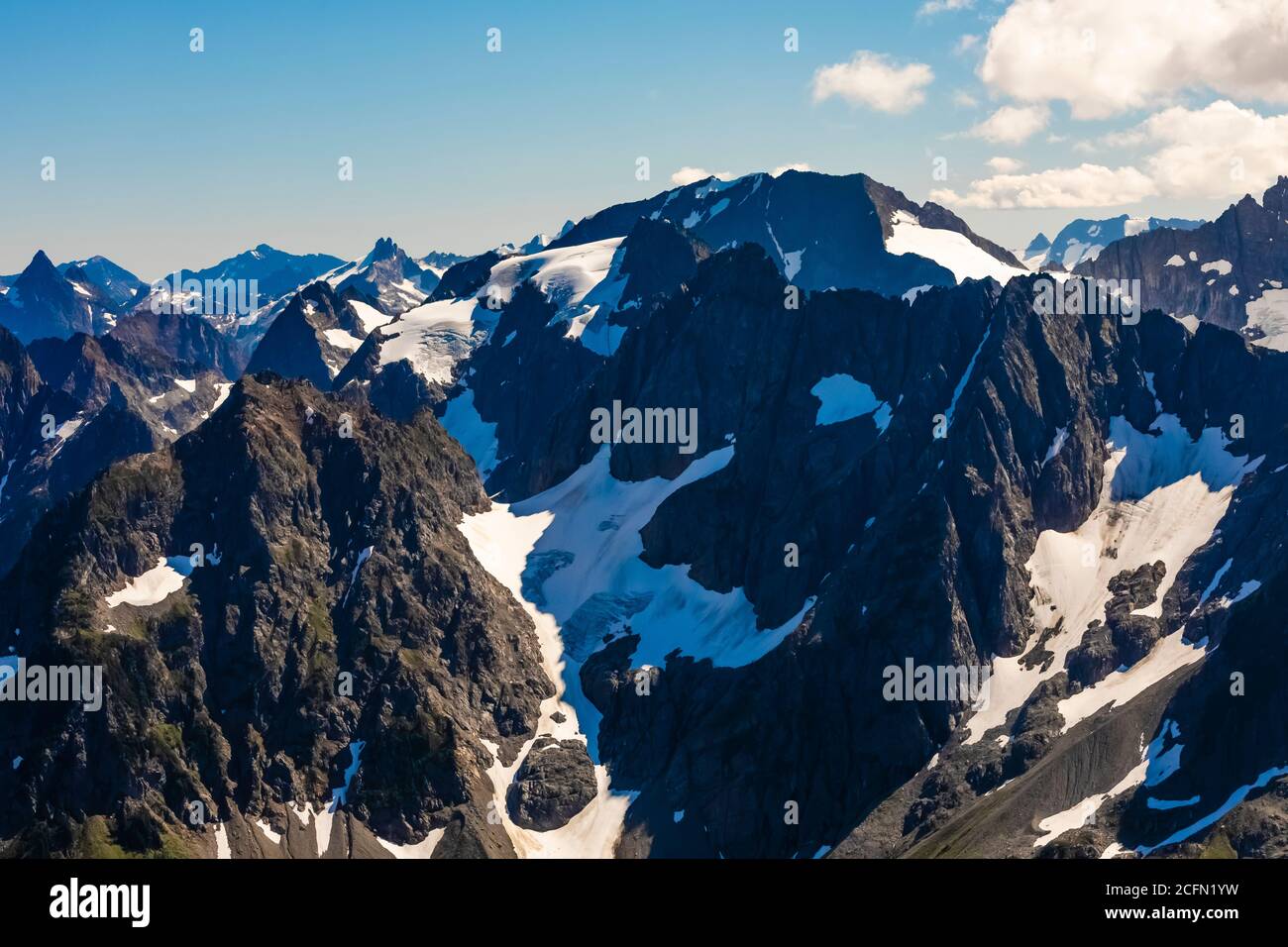 Dramatische Berglandschaft der North Cascades vom Sahale Glacier Camp am Sahale Arm, North Cascades National Park, Washington State, USA Stockfoto