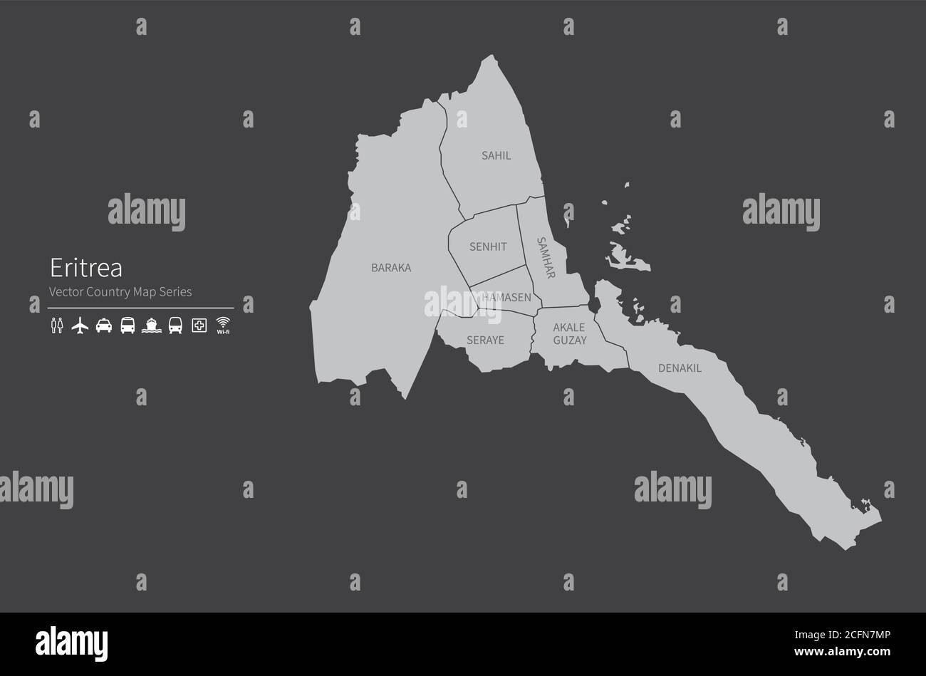 Karte von Eritrea. Nationale Karte der Welt. Grau gefärbte Länder Kartenserie. Stock Vektor